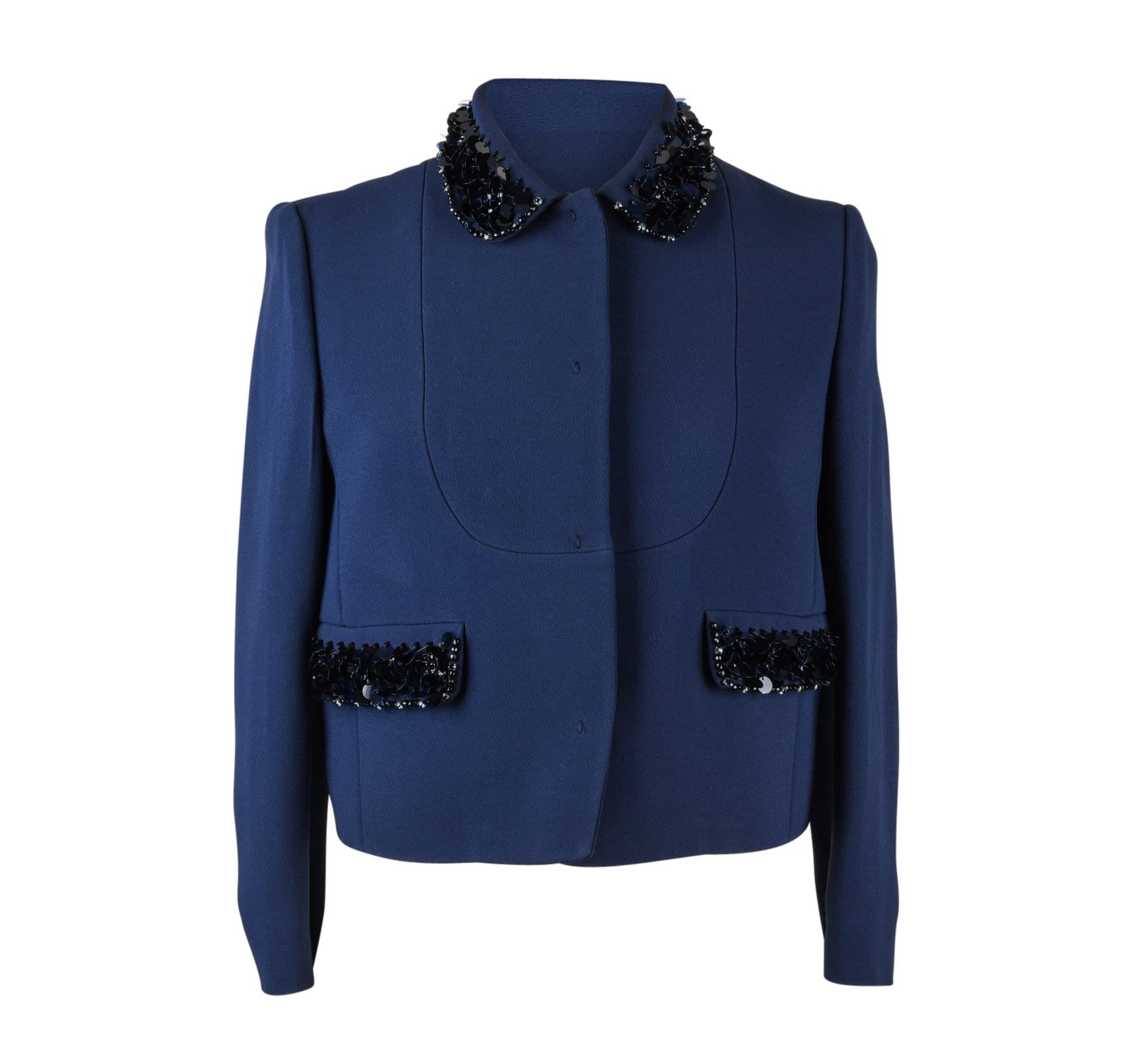 Miu Miu Jacket Navy Embellished Collar / Pockets 3/4 Sleeve 42 - mightychic