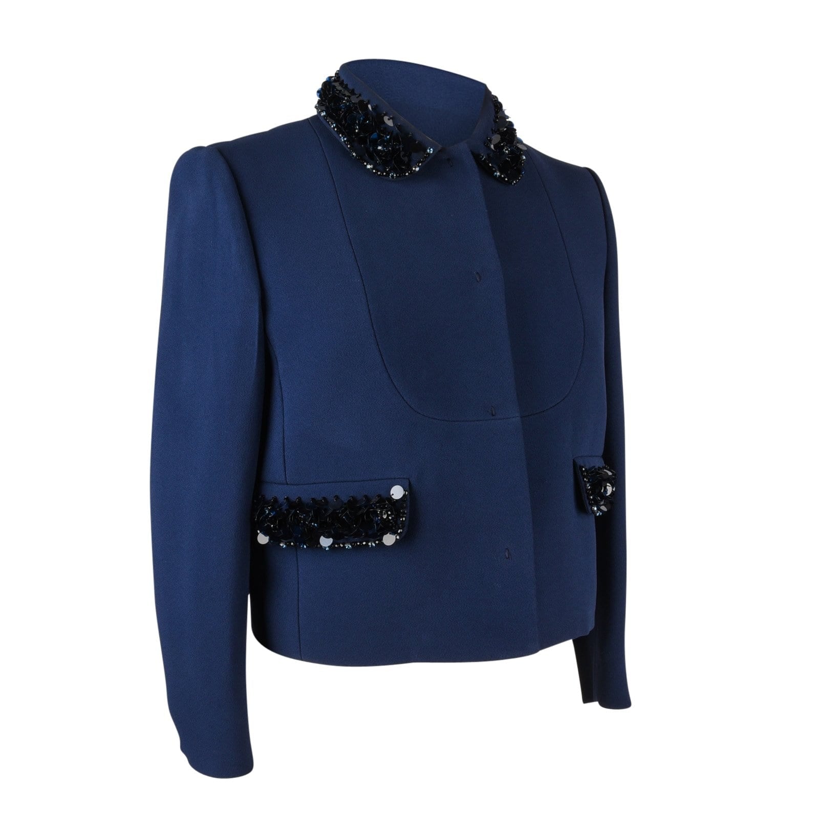 Miu Miu Jacket Navy Embellished Collar / Pockets 3/4 Sleeve 42 - mightychic