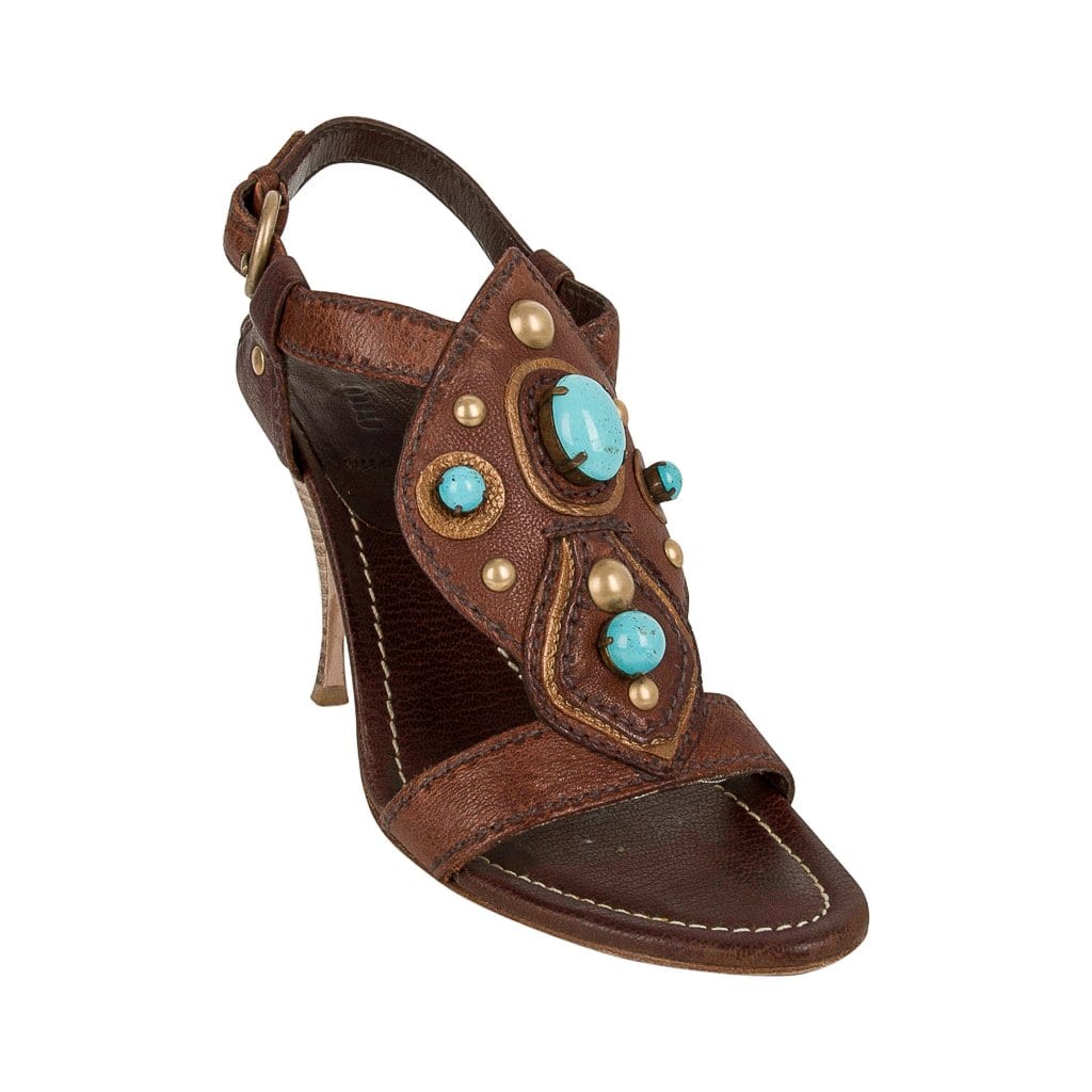 Miu Miu Brown Buffalo Leather Bold Turquoise Stones Sandal Shoe 37  7