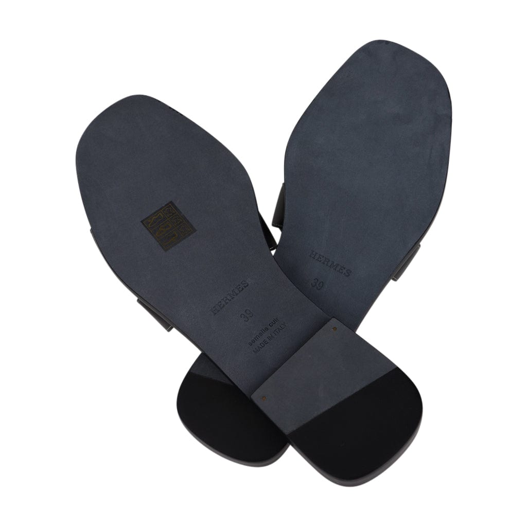Hermes Shoes Flat Oran Sandal Black Calfskin White Top Stitch 39