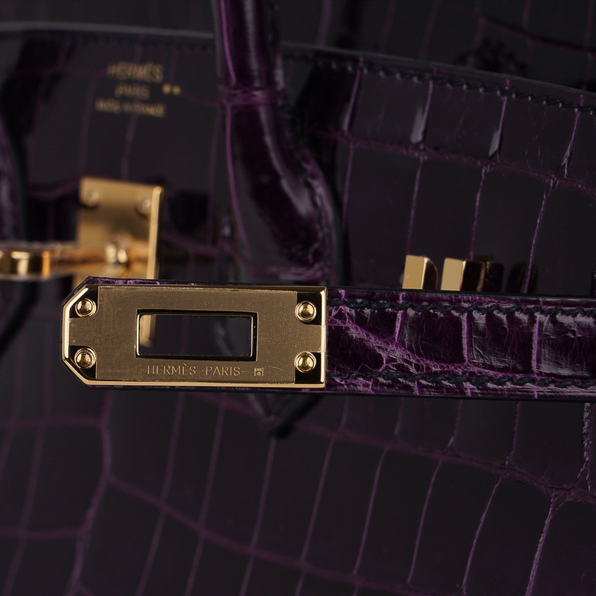 Hermes Birkin Bag 25cm Aubergine Crocodile Gold Hardware