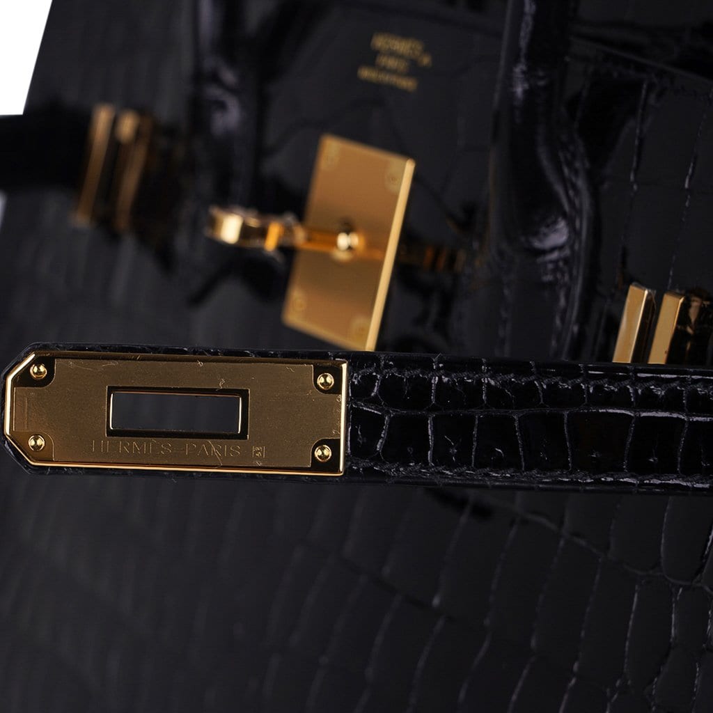 Hermes Kelly Cut Black Shiny Porosus Crocodile Gold Hardware