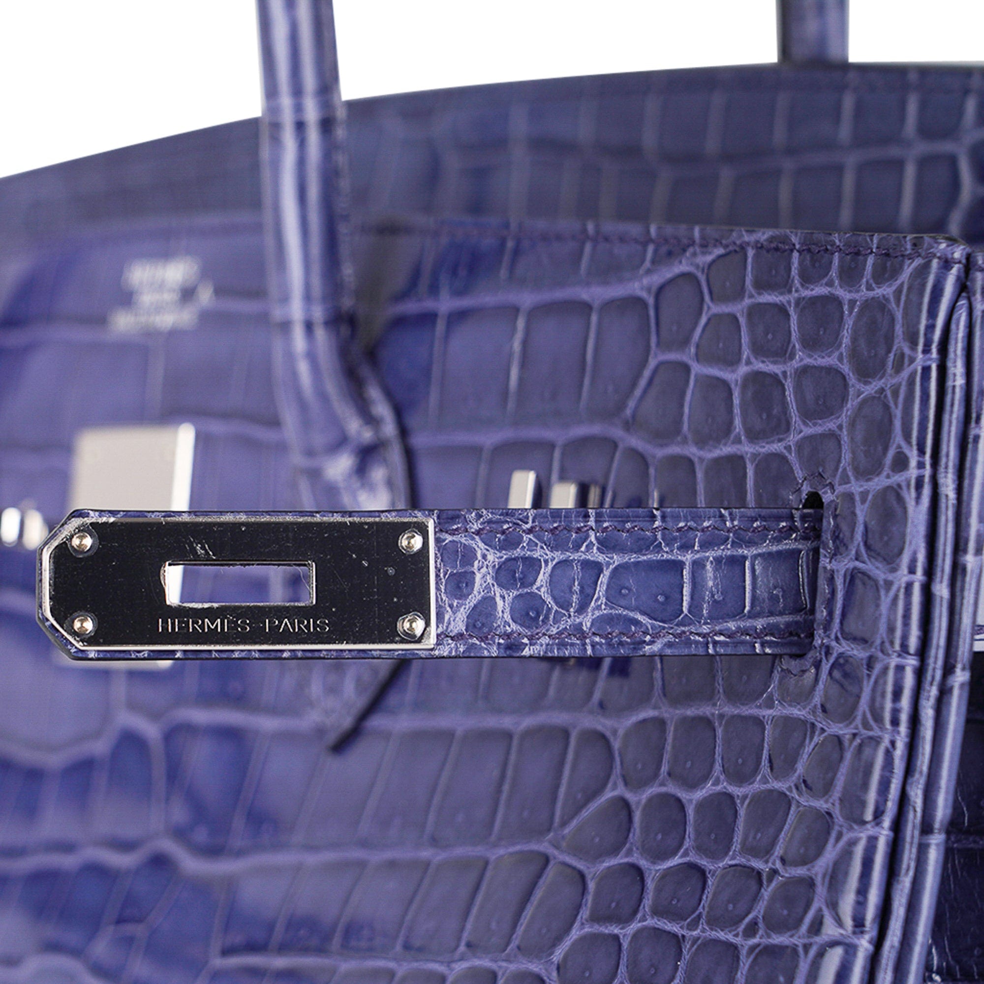 Hermes 30cm Shiny Blue Brighton Porosus Crocodile Birkin Bag with, Lot  #56021