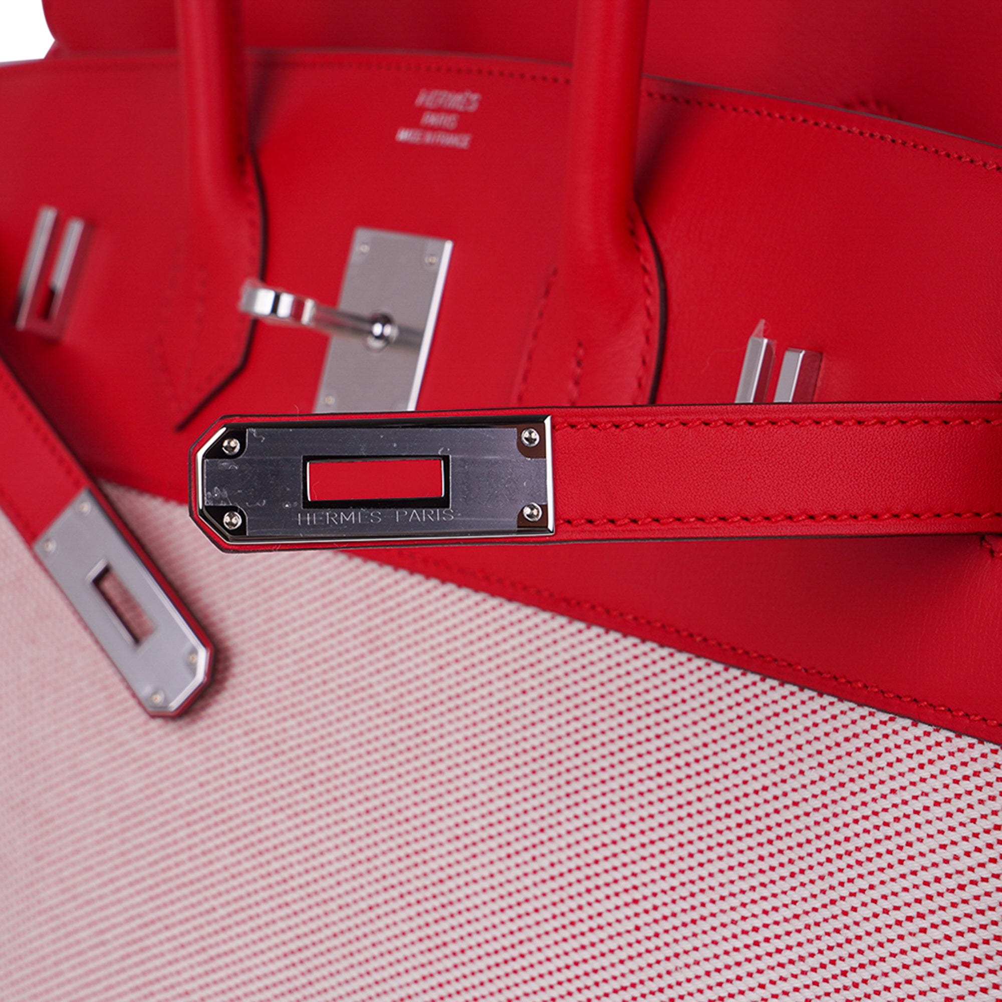 Hermes Limited Edition Birkin 35 Bag Fray Fray Framboise Toile & Swift Leather with Palladium Hardware