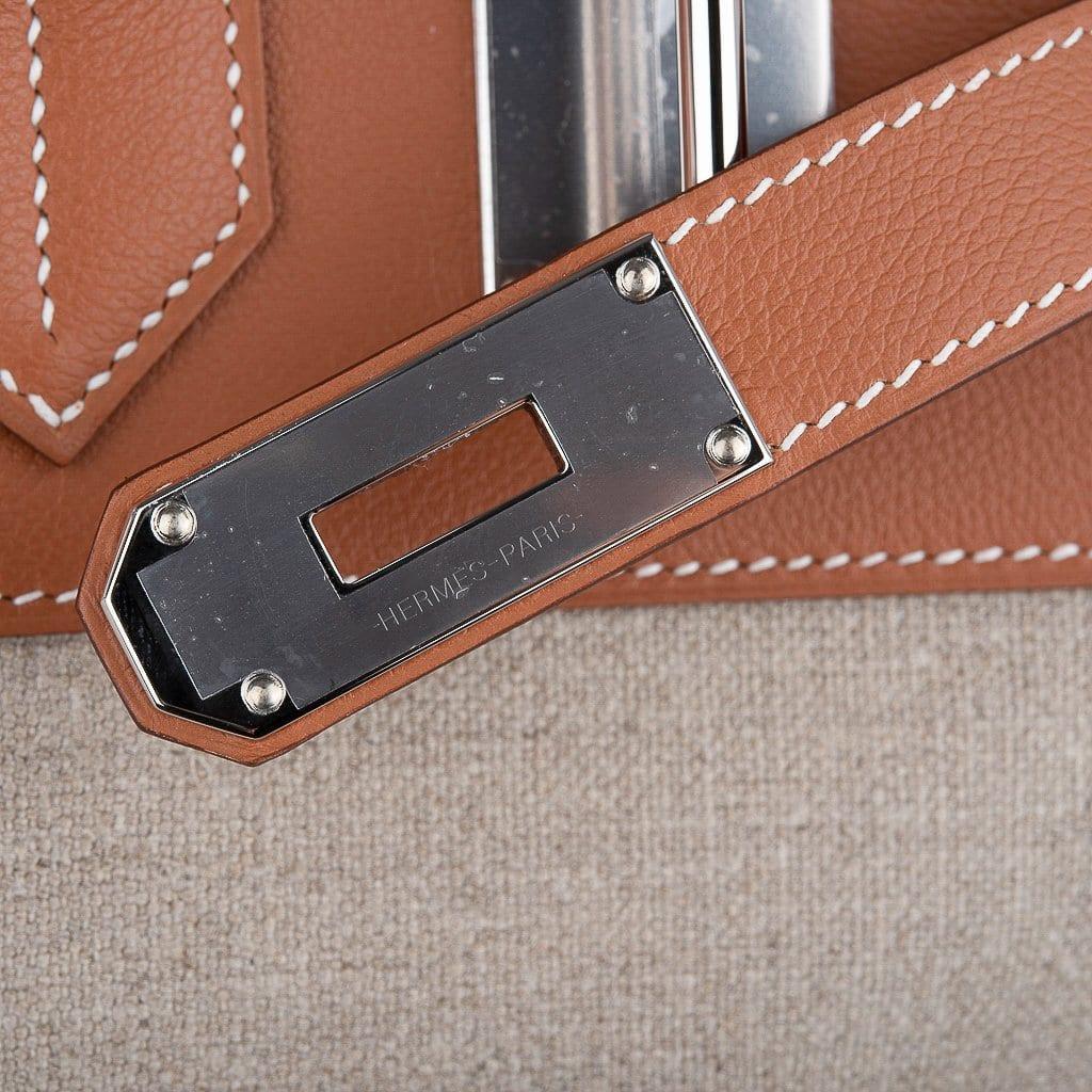 Hermes Hac 40 Gold Evercolor Leather / Ecru Toile Birkin Bag Palladium –  Mightychic