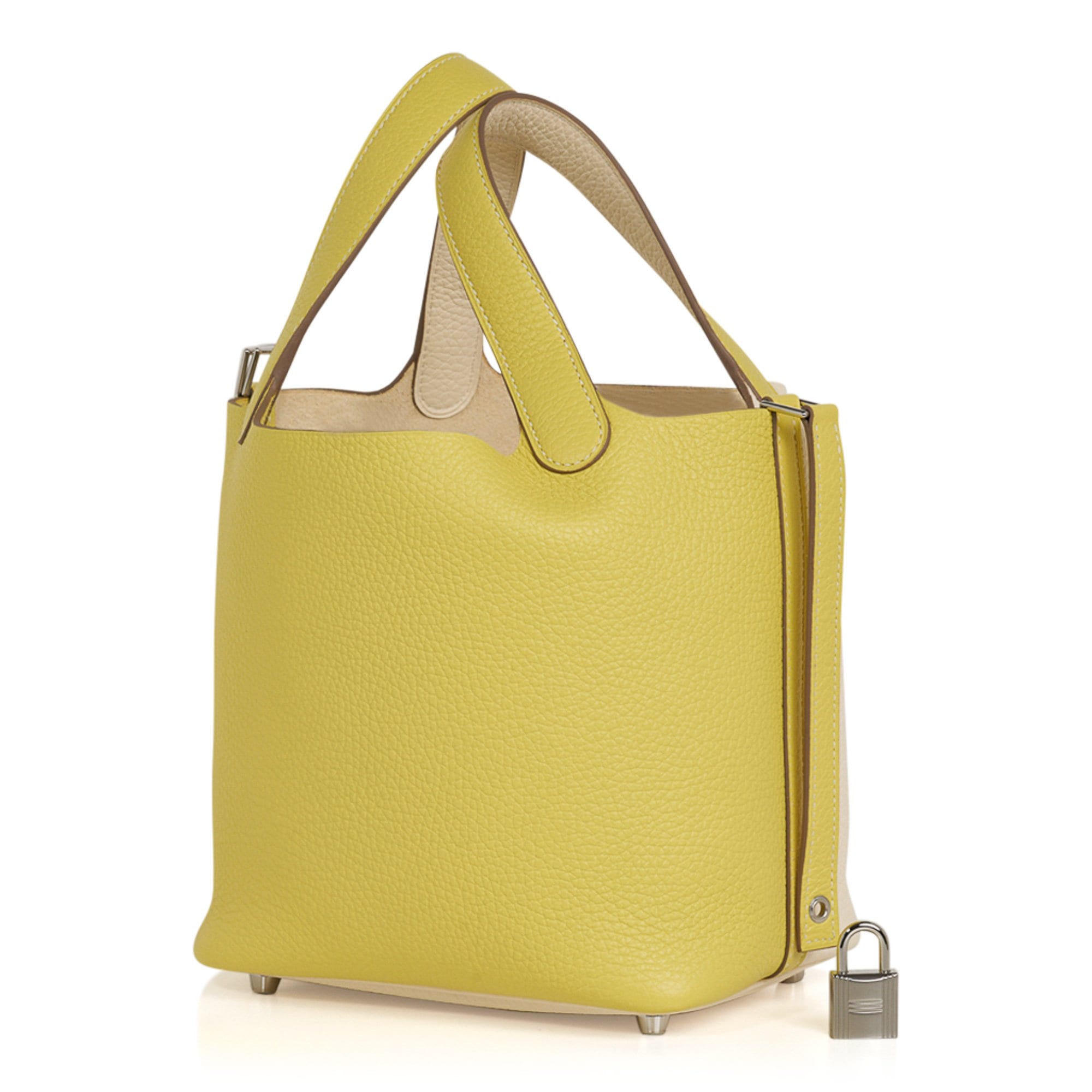 Hermes Picotin 18 Casaque Bag Lime / Nata Bi-Color Tote Clemence