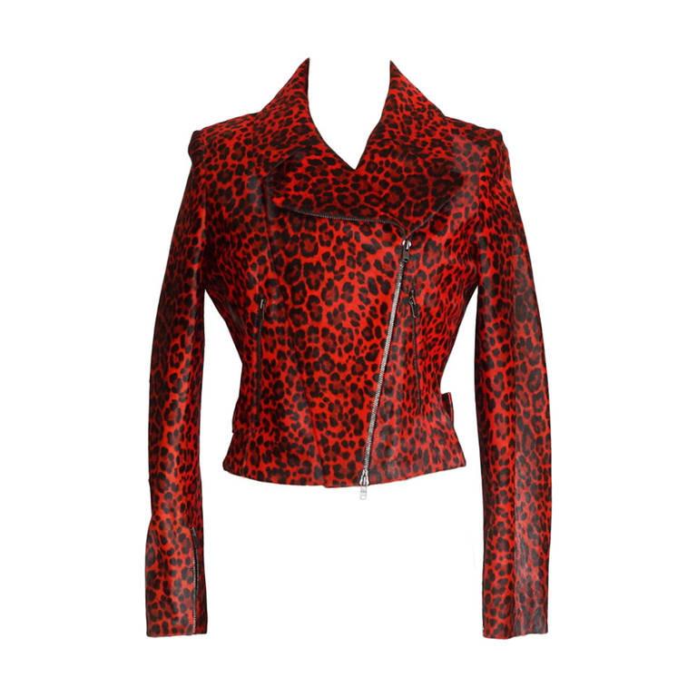 Azzedine Alaia Jacket Motorcycle Baby Calf Red Leopard Print 42 / 6 nwt - mightychic