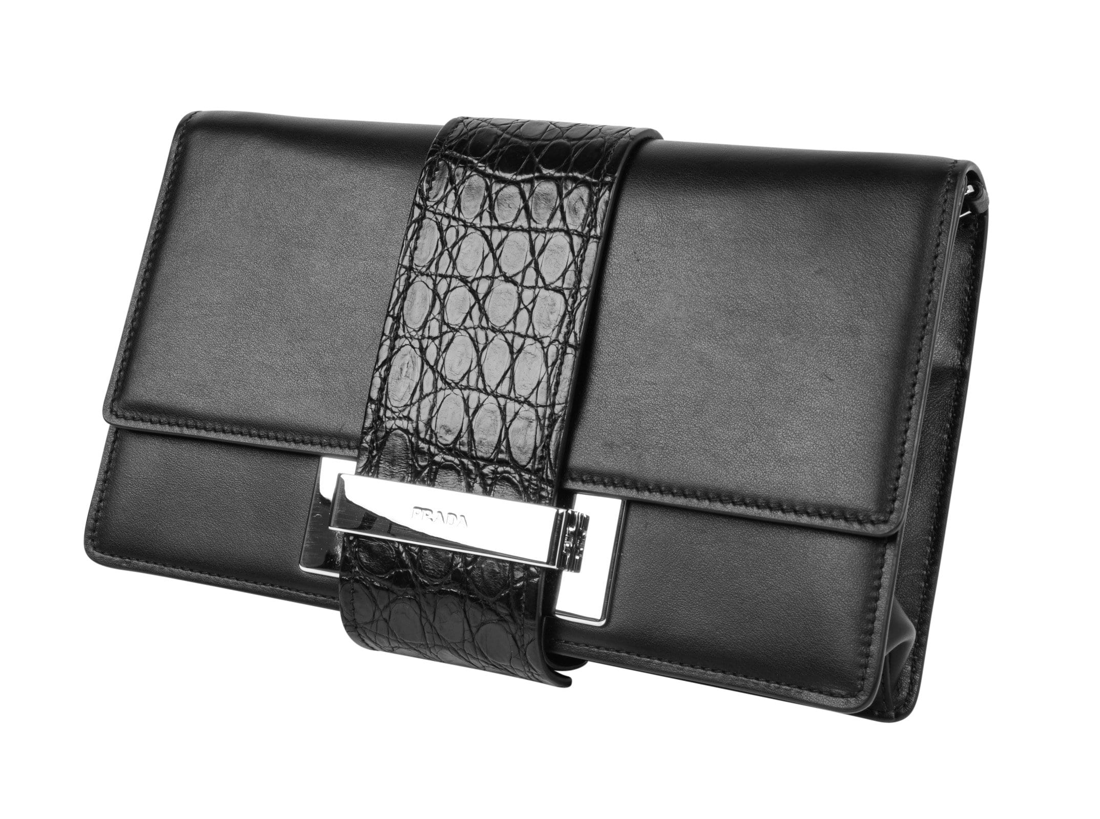 Prada Bag Plex Ribbon Clutch / Shoulder Black w/ Crocodile and Leather Ribbon - mightychic