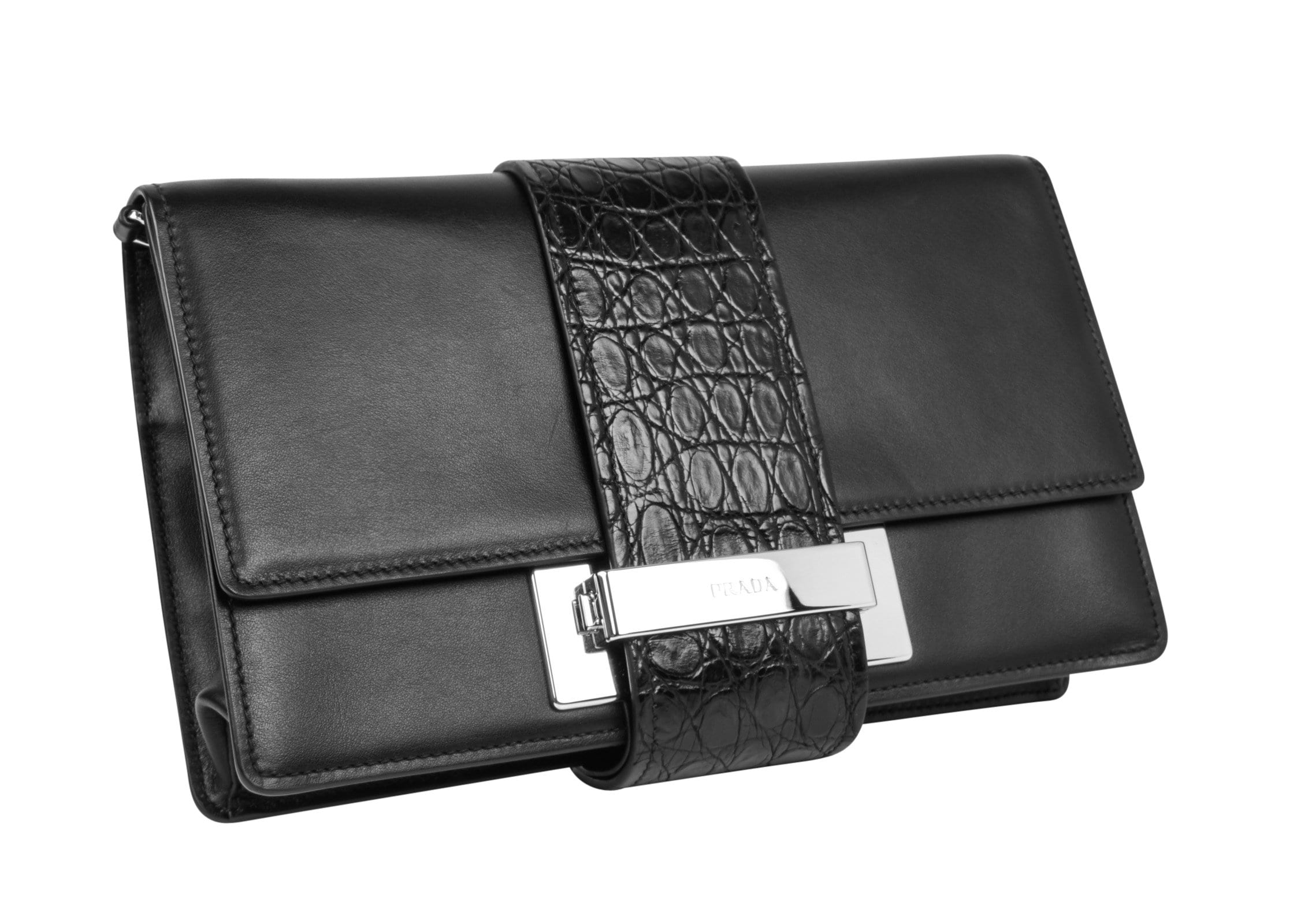 Prada Bag Plex Ribbon Clutch / Shoulder Black w/ Crocodile and Leather –  Mightychic