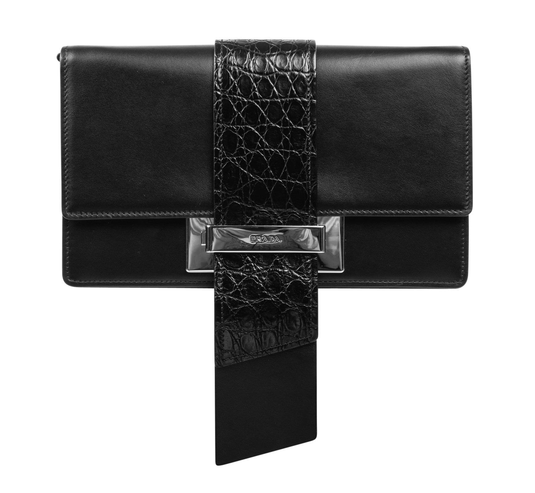 Prada Bag Plex Ribbon Clutch / Shoulder Black w/ Crocodile and Leather Ribbon - mightychic