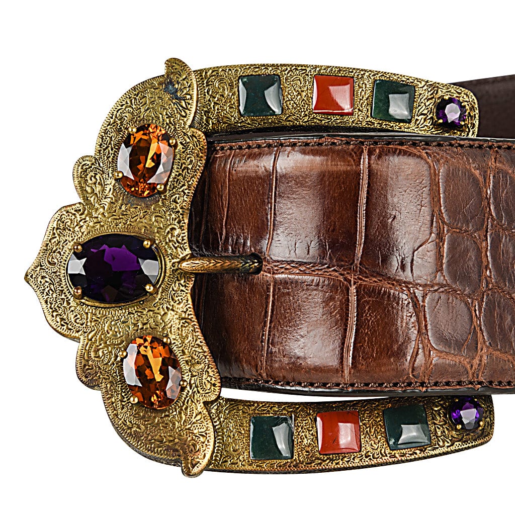 Ralph Lauren Collection Belt Brown Alligator Jeweled Buckle M - mightychic