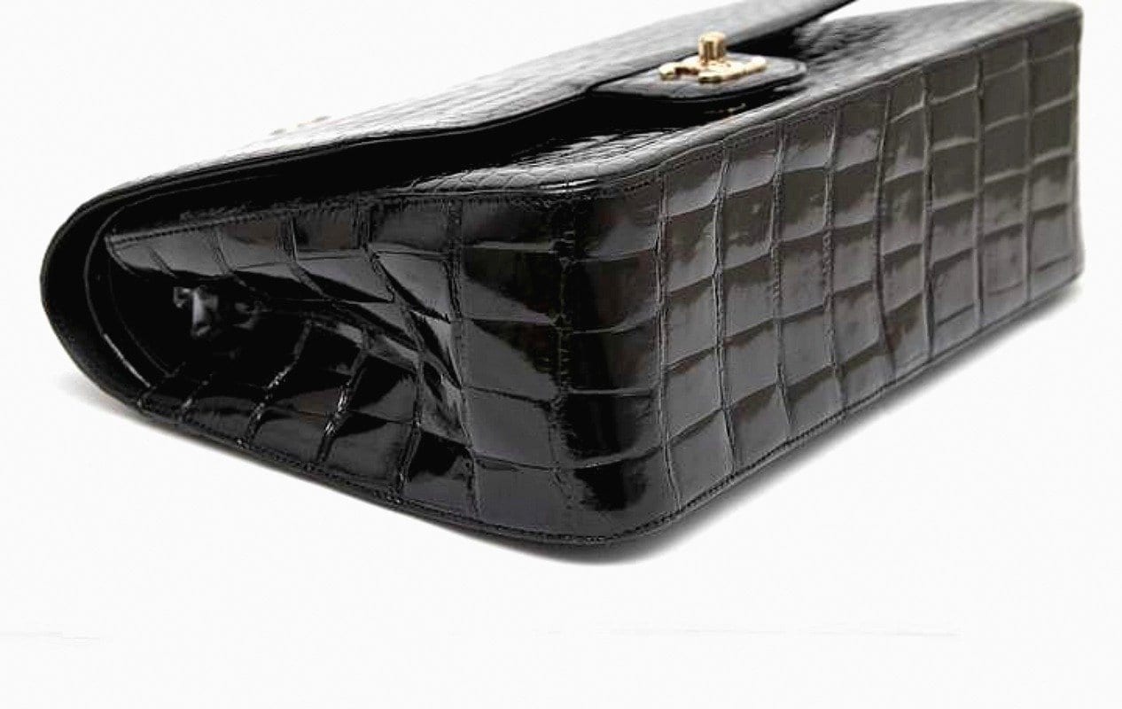 Chanel 12A Black Alligator Classic Double Flap Jumbo Gold Hardware