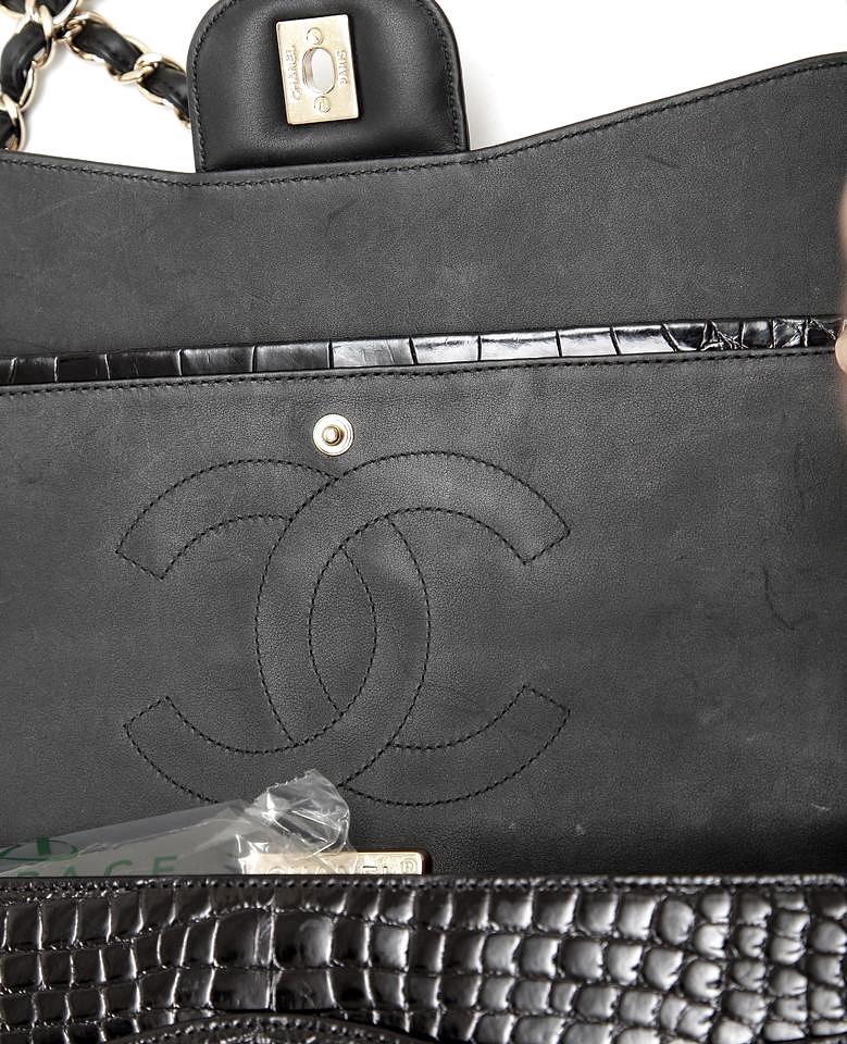 Chanel 12A Black Alligator Classic Double Flap Jumbo Gold Hardware
