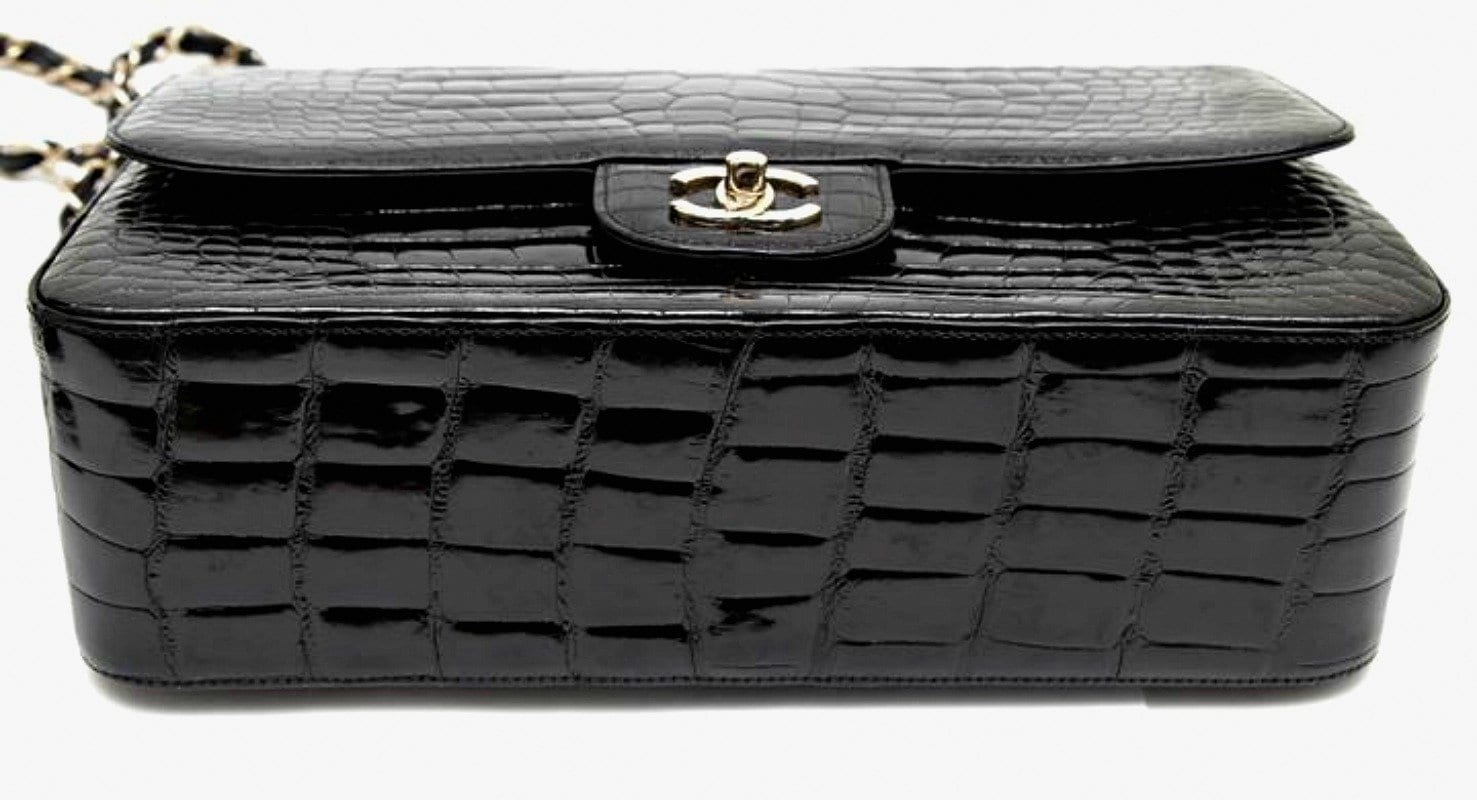 Chanel 12A Black Alligator Classic Double Flap Jumbo Gold Hardware - mightychic