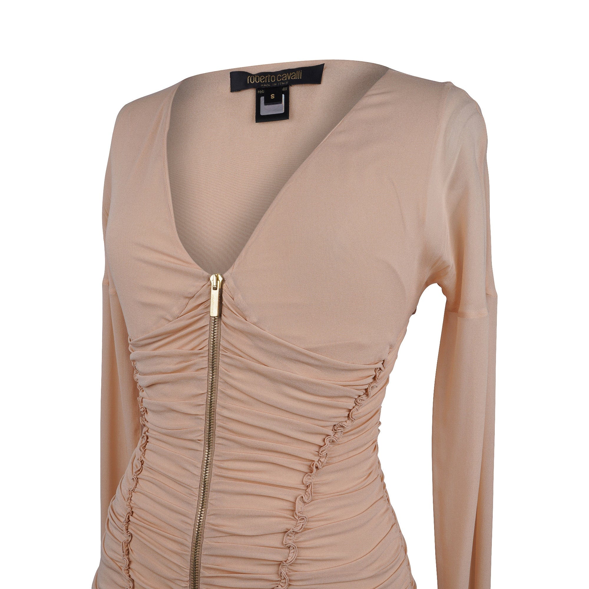 Roberto Cavalli Top Plunging V Neck Rouched Body Front Zip S