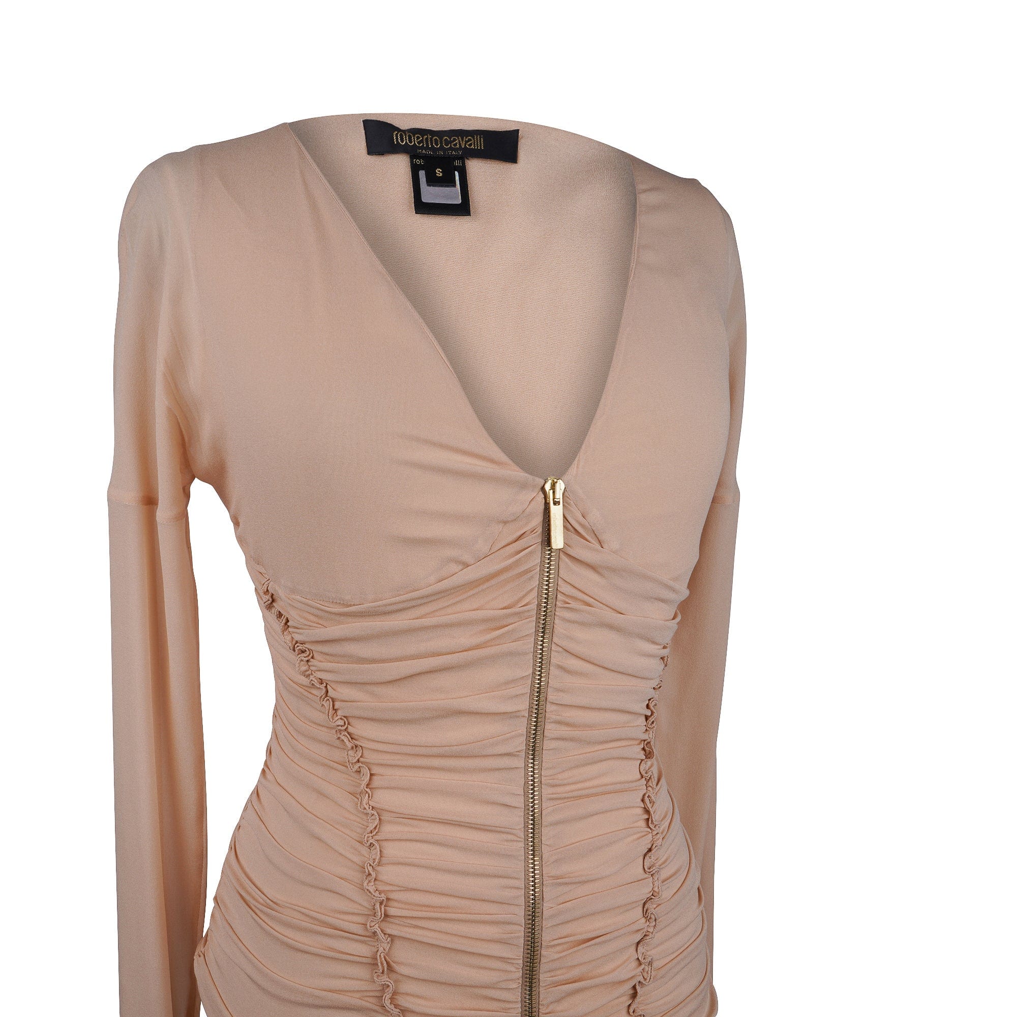 Roberto Cavalli Top Plunging V Neck Rouched Body Front Zip S