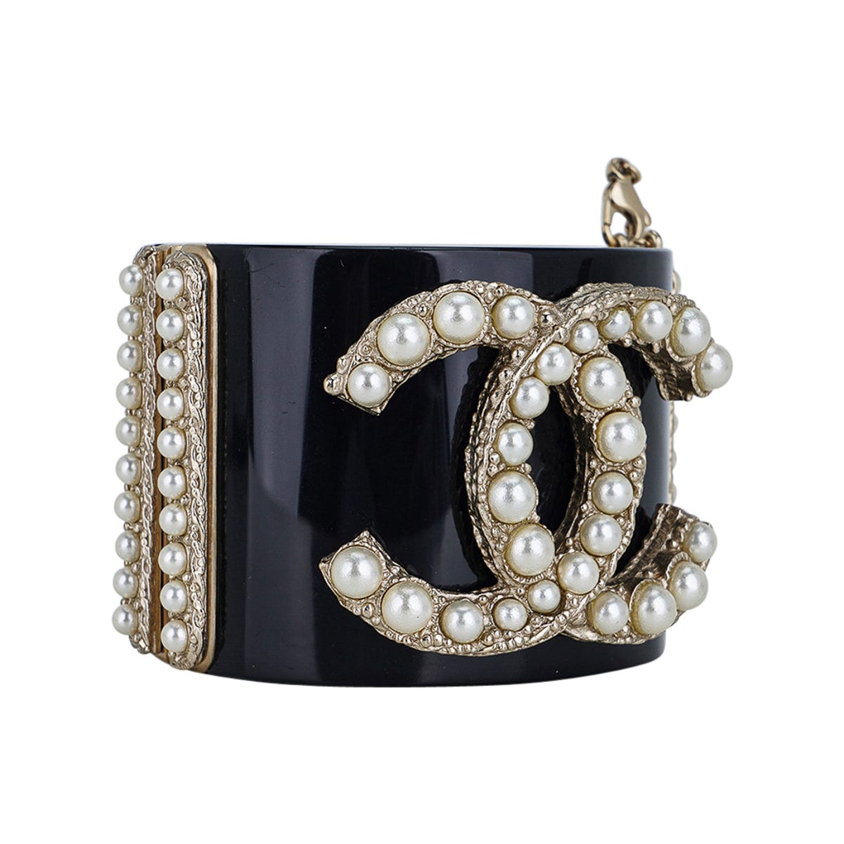 Chanel Black Resin / Faux Pearl Encrusted CC Clamper Cuff Bracelet c 2011