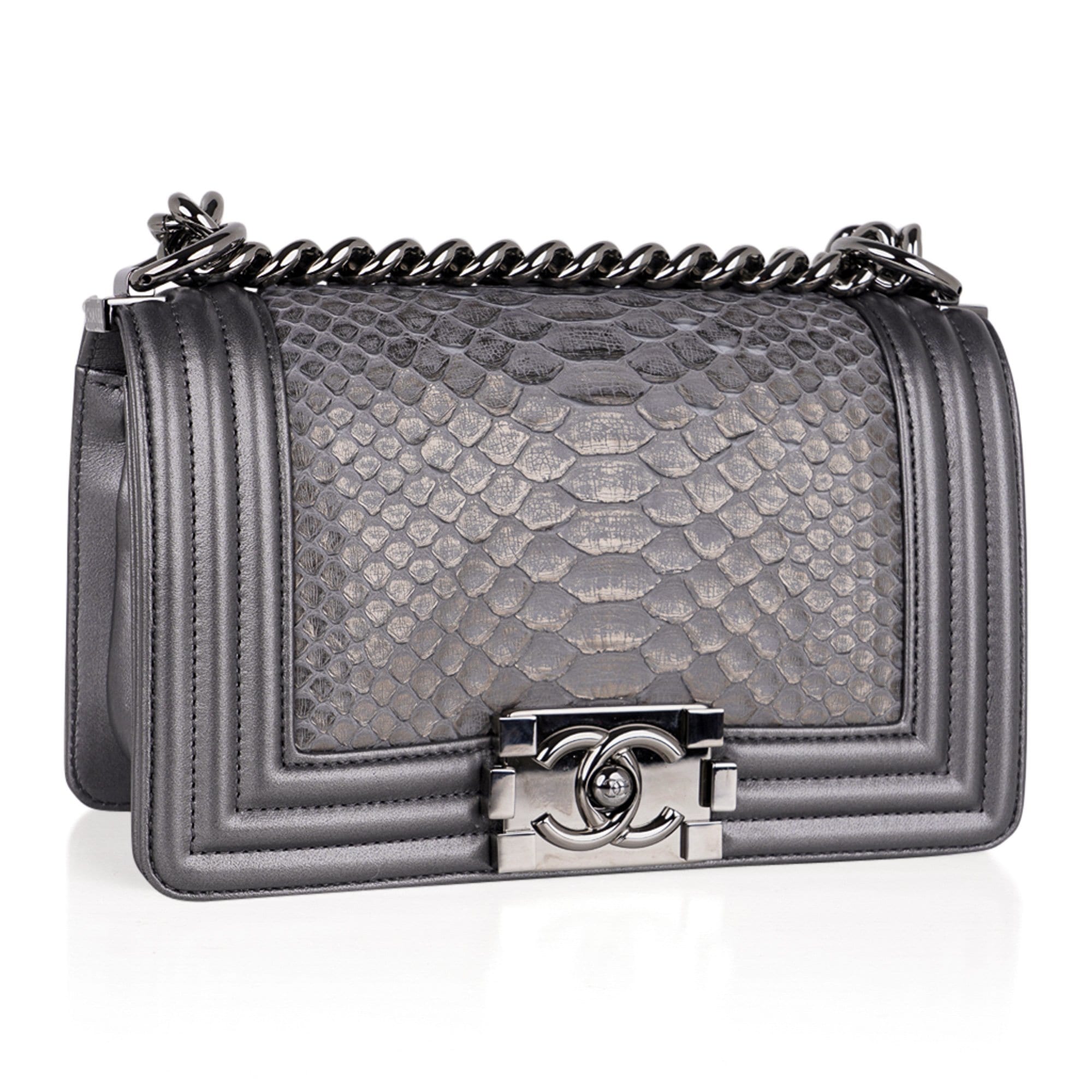 Chanel Boy Bag Silver Python / Leather Ruthenium Hardware Medium New w/Box