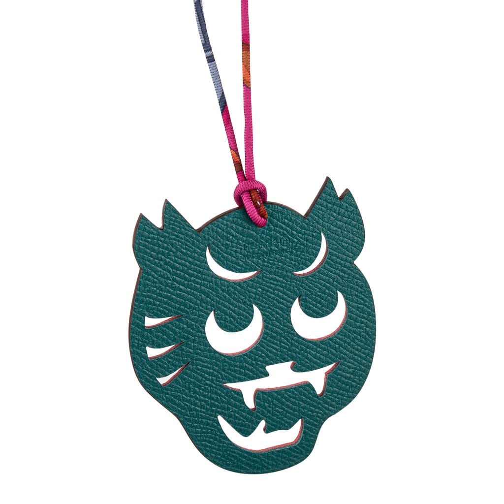 Hermes Tiger Face Bag Charm Limited Edition Bi-Color Pink / Malachite New w/Box