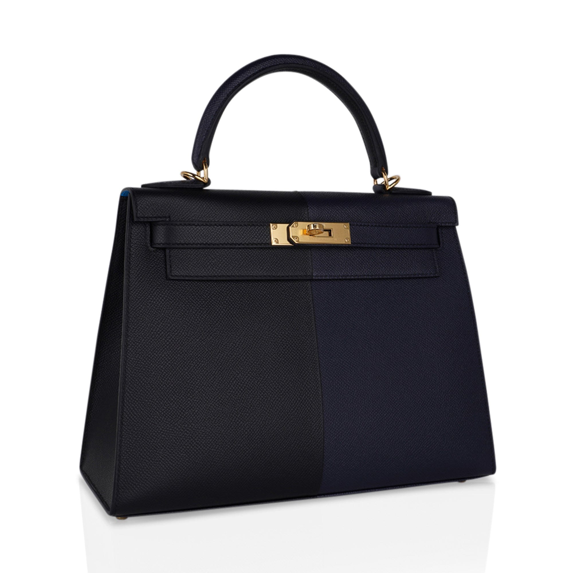 Hermes Kelly Casaque bag 28 Sellier Blue indigo/Black/Blue frida Epsom  leather Gold hardware