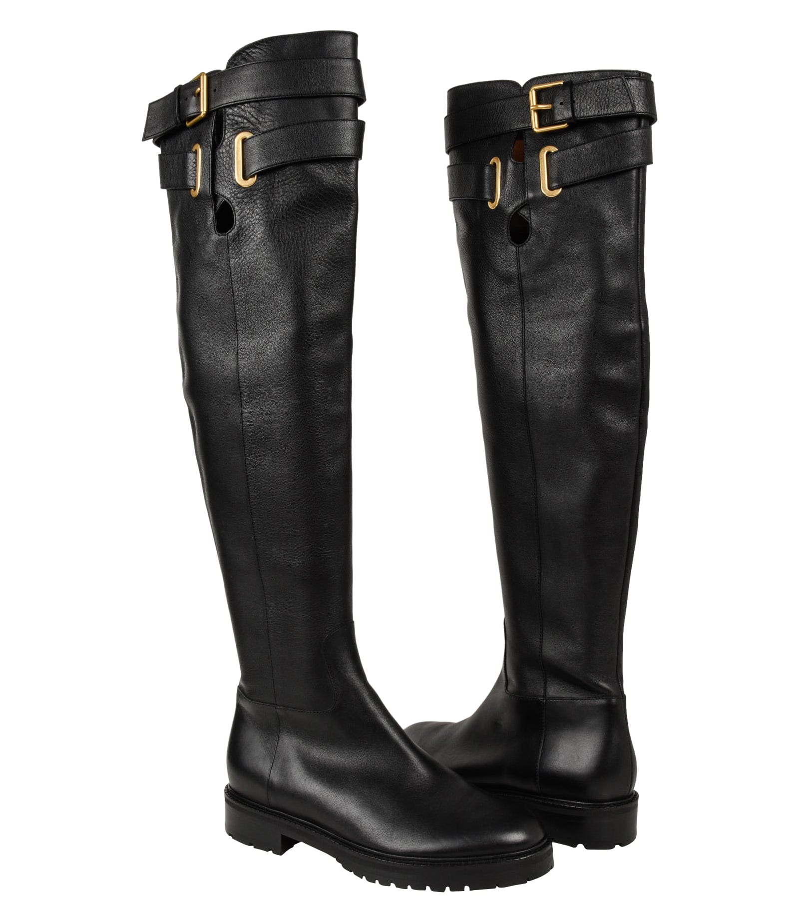 Valentino Boots Over Knee Black Flat Crisscross Straps w/ Buckle 39.5 / 9.5 New - mightychic