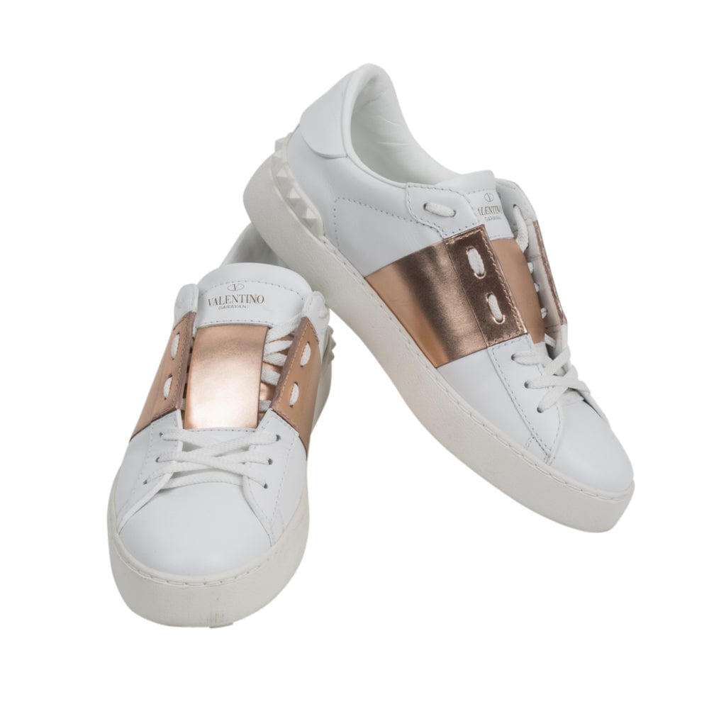 Valentino Open Sneaker White Leather Rose Gold and Stud 39 / 9 – Mightychic