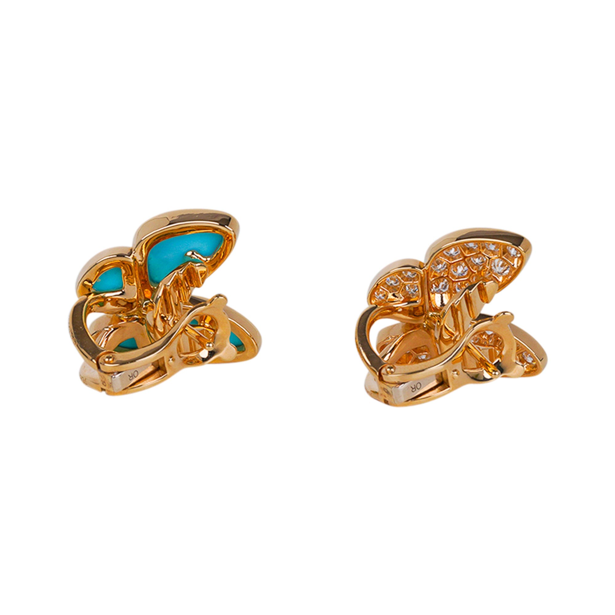 Van Cleef & Arpels Two Butterfly Turquoise and Diamond Gold Earrings