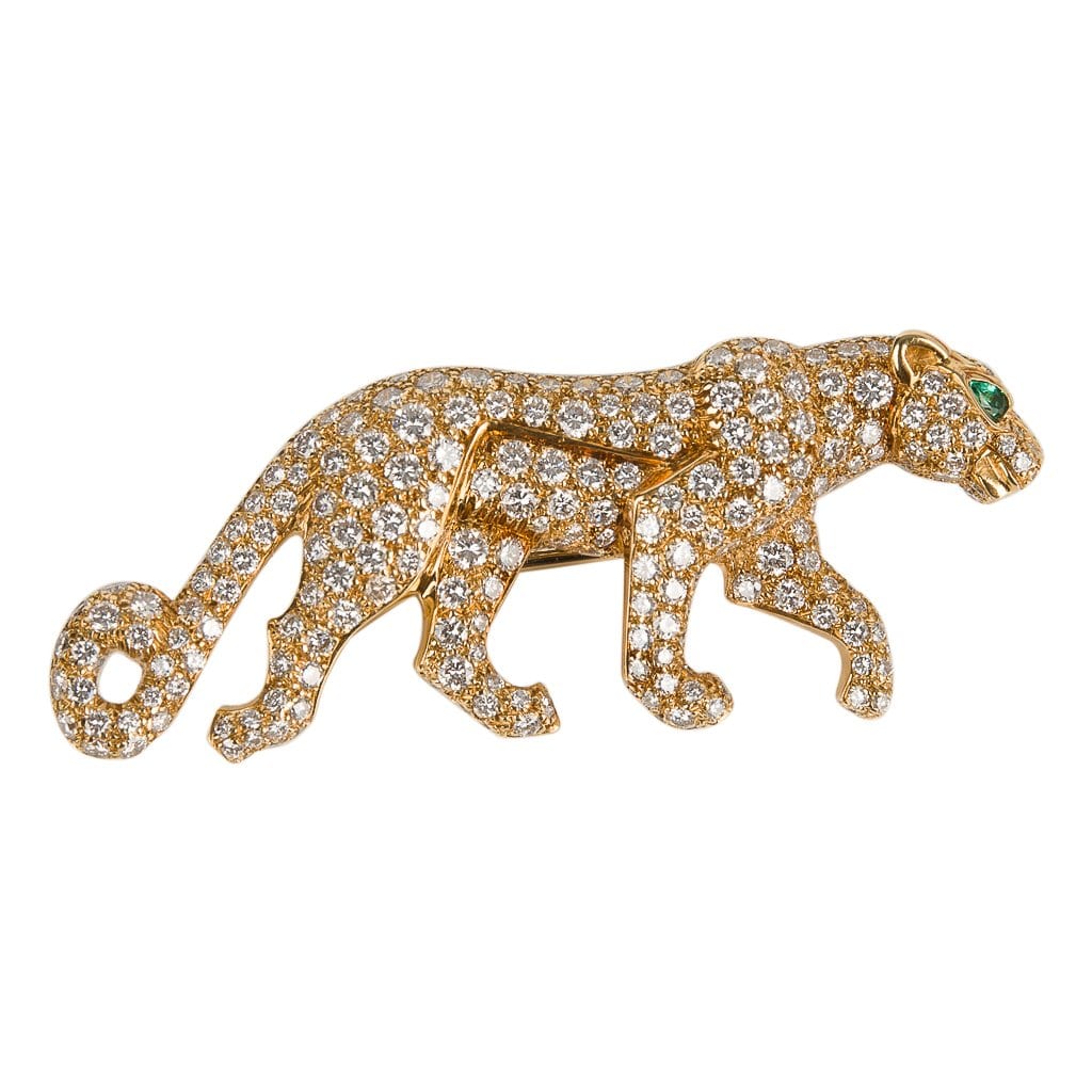 Cartier Panthere De Cartier Brooch Diamond Emerald Eye 18K Gold Signed Numbered