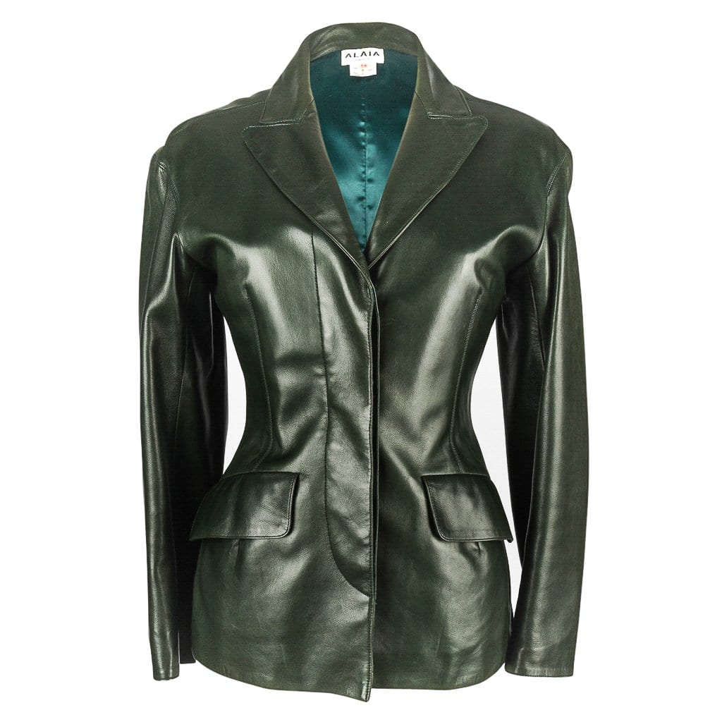 Azzedine Alaia Jacket 80s' Vintage Shaped Dark Bottle Green Leather 38 / 4  to 6