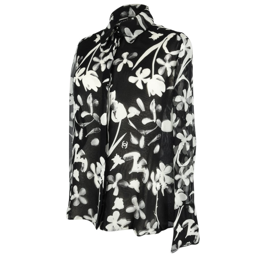 Chanel Top Black & White Silk Chiffon Floral Print 42 / 8