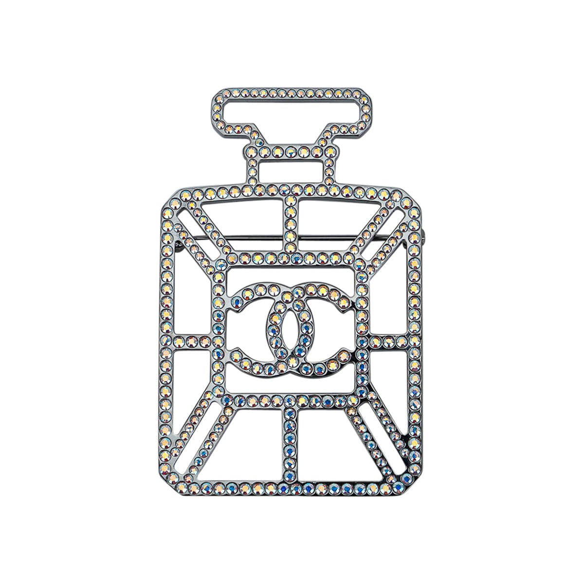 Chanel #5 Perfume Bottle Brooch Iridescent Crystal CC Logo