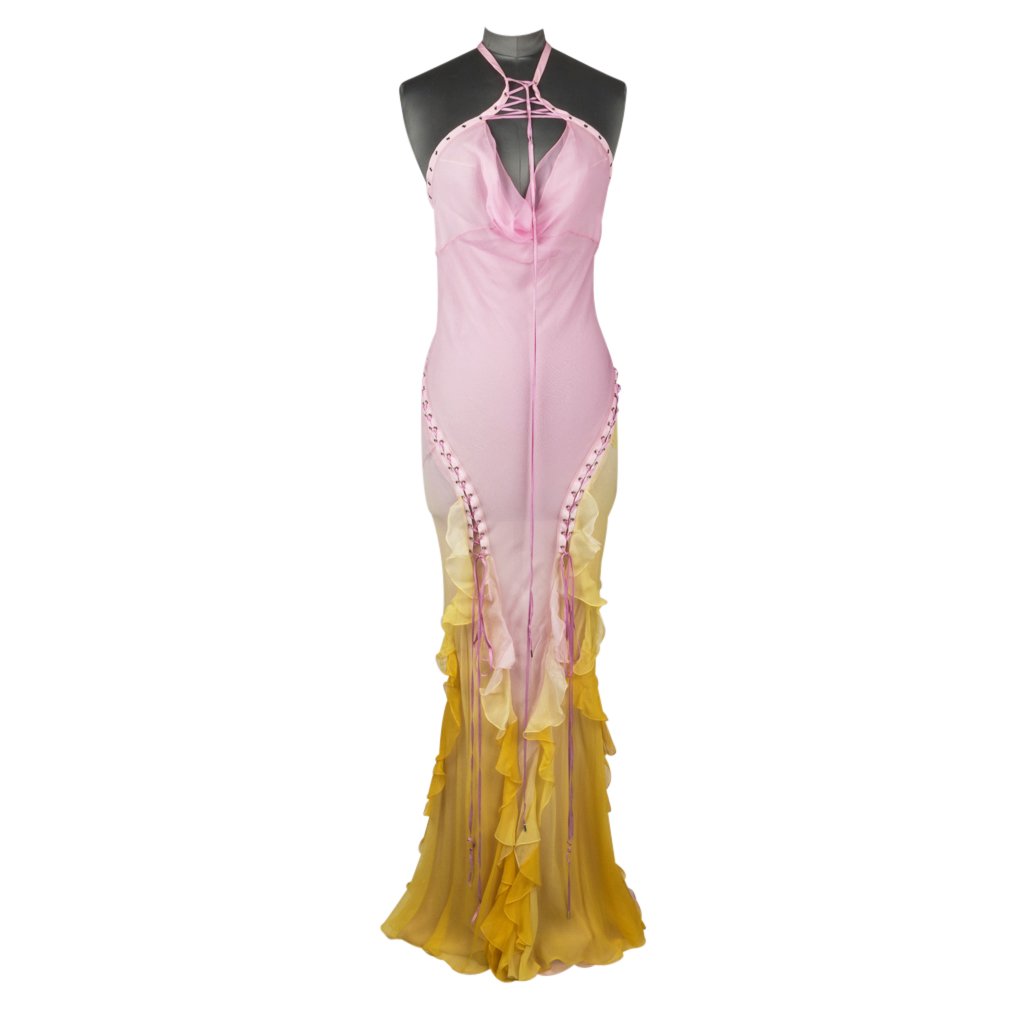 Christian Dior Dress Pink Ombre to Yellow Silk Chiffon Halter Lace Up 40 /  8 | Mightychic