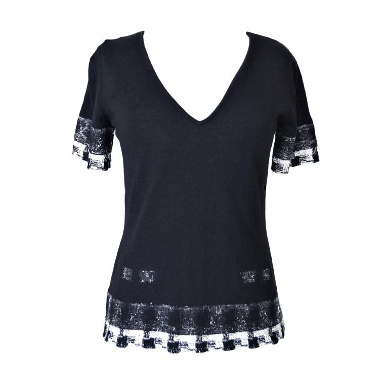 Chanel 05C Fantasy Tweed Trim Cashmere Short Sleeve Top 42