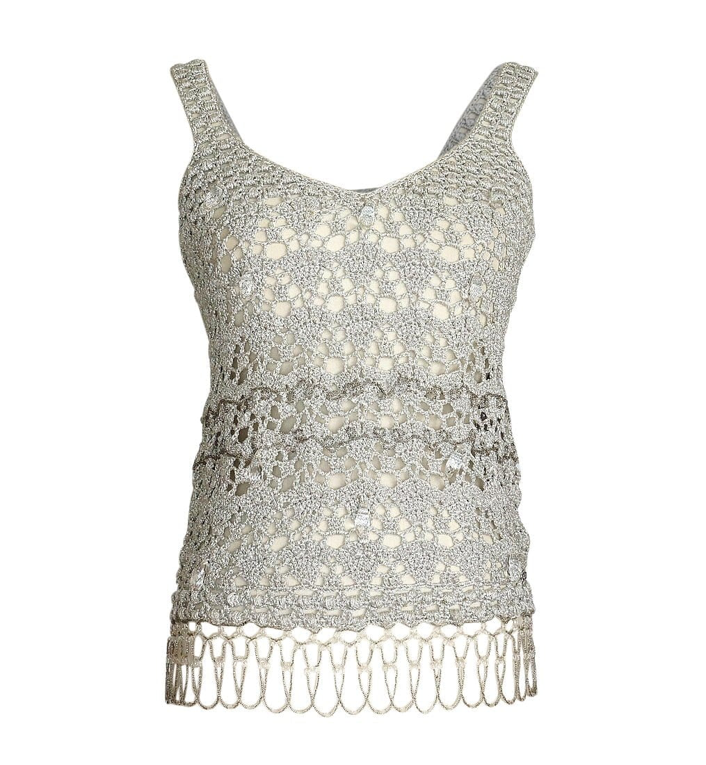 John Galliano Top Silver Crochet Faceted large Crystals Beading detail M