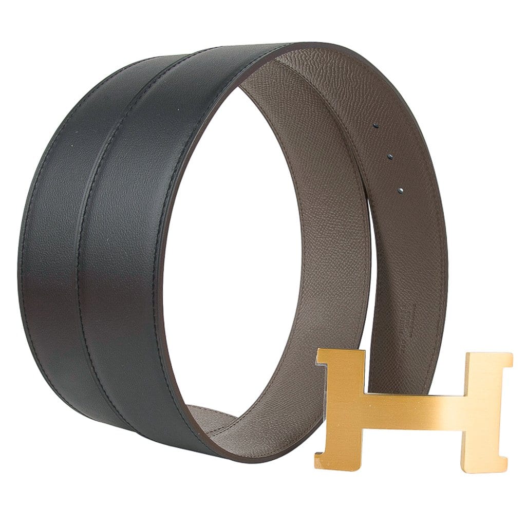 Hermes 32mm Black/Orange Constance H Belt 80cm Brushed Gold Buckle