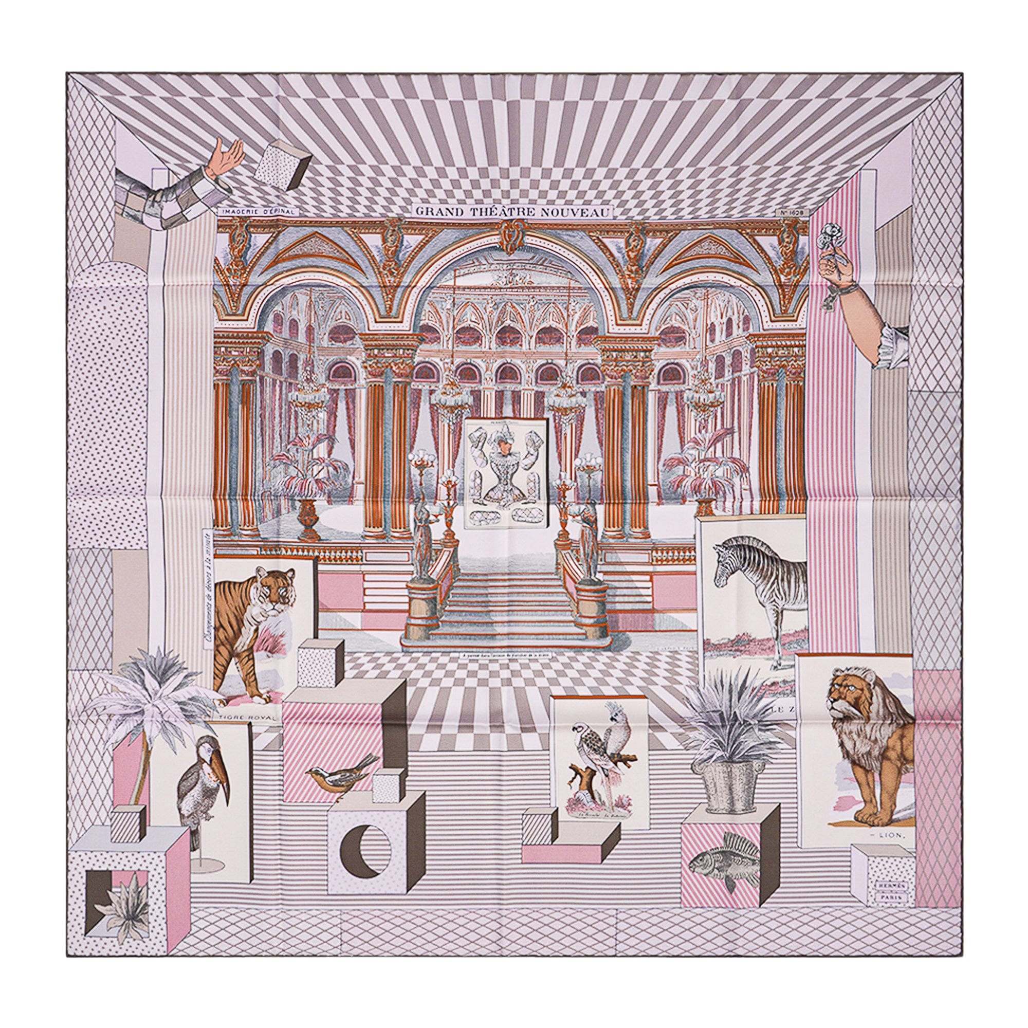 Hermes Silk Scarf 90 Grand Theatre Nouveau Rose Pale/ Etoupe