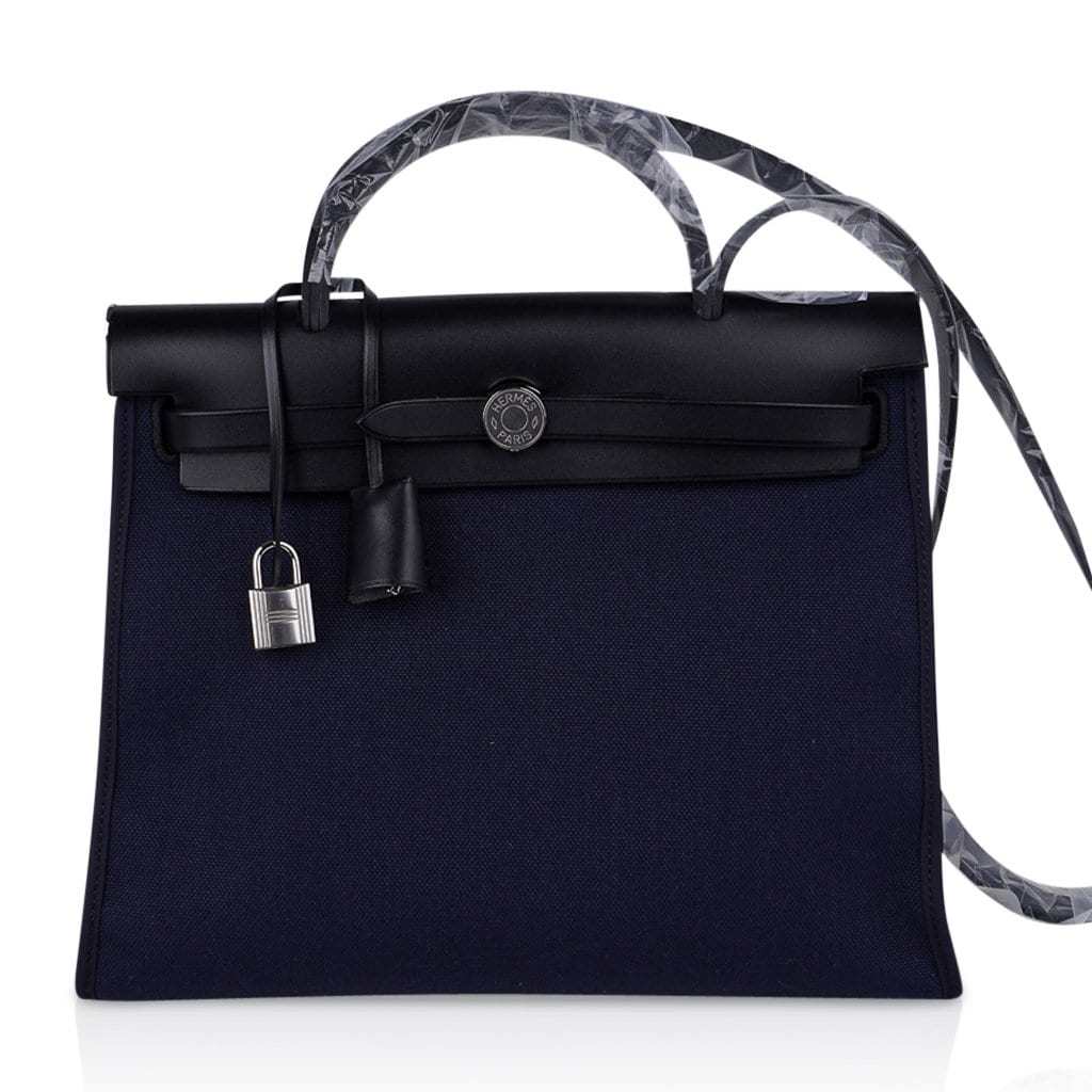 Hermes Herbag Zip Navy on Black 31 Militaire Canvas / Vache Hunter ...