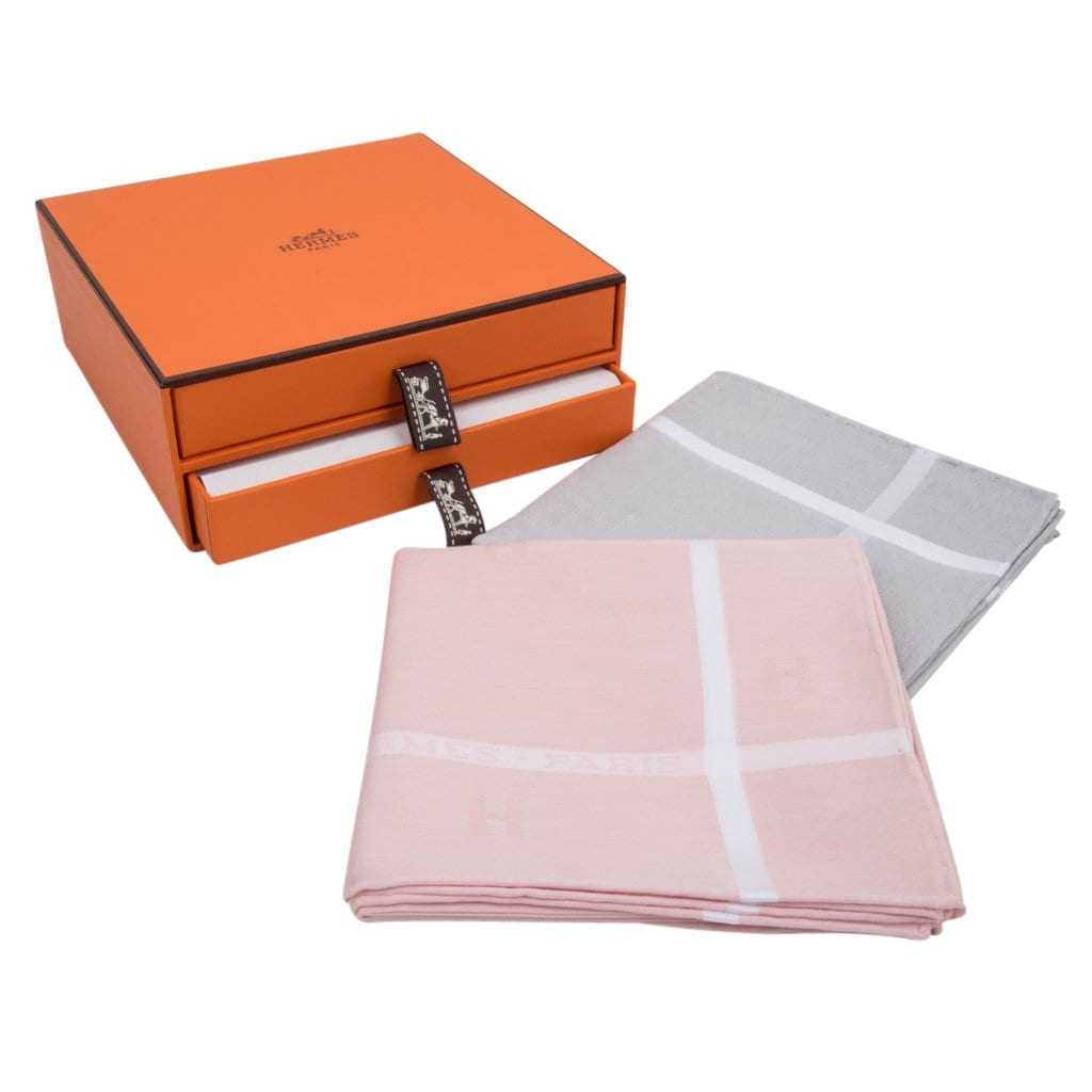 Hermes Hankachi Handkerchief Gift Set Jacquard D'H Gris Clair Rose