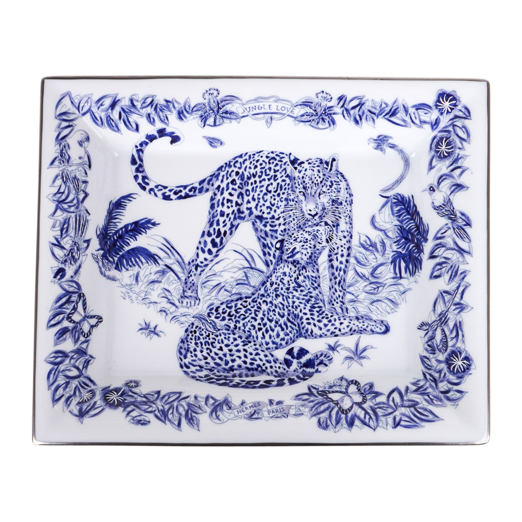 HERMES ジャングルデザイン トレイ Hermes Tray Jungle Love Blue / White / Silver New w/Box | Mightychic