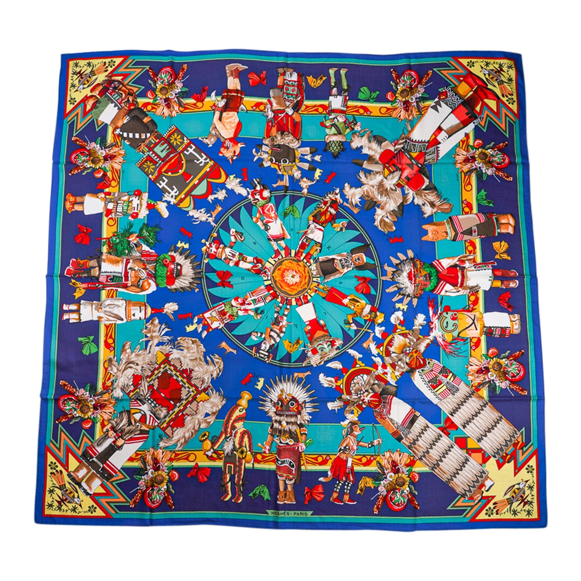 Hermes Kachinas Shawl 140 Bleu Royal Cashmere Silk Scarf New
