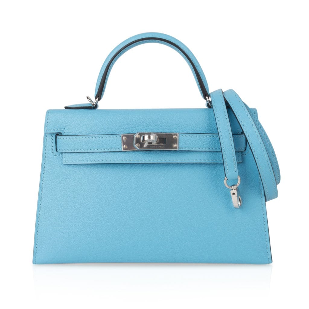 Hermes Kelly 20 Mini Sellier Bag Rare Blue Celeste Chevre Palladium