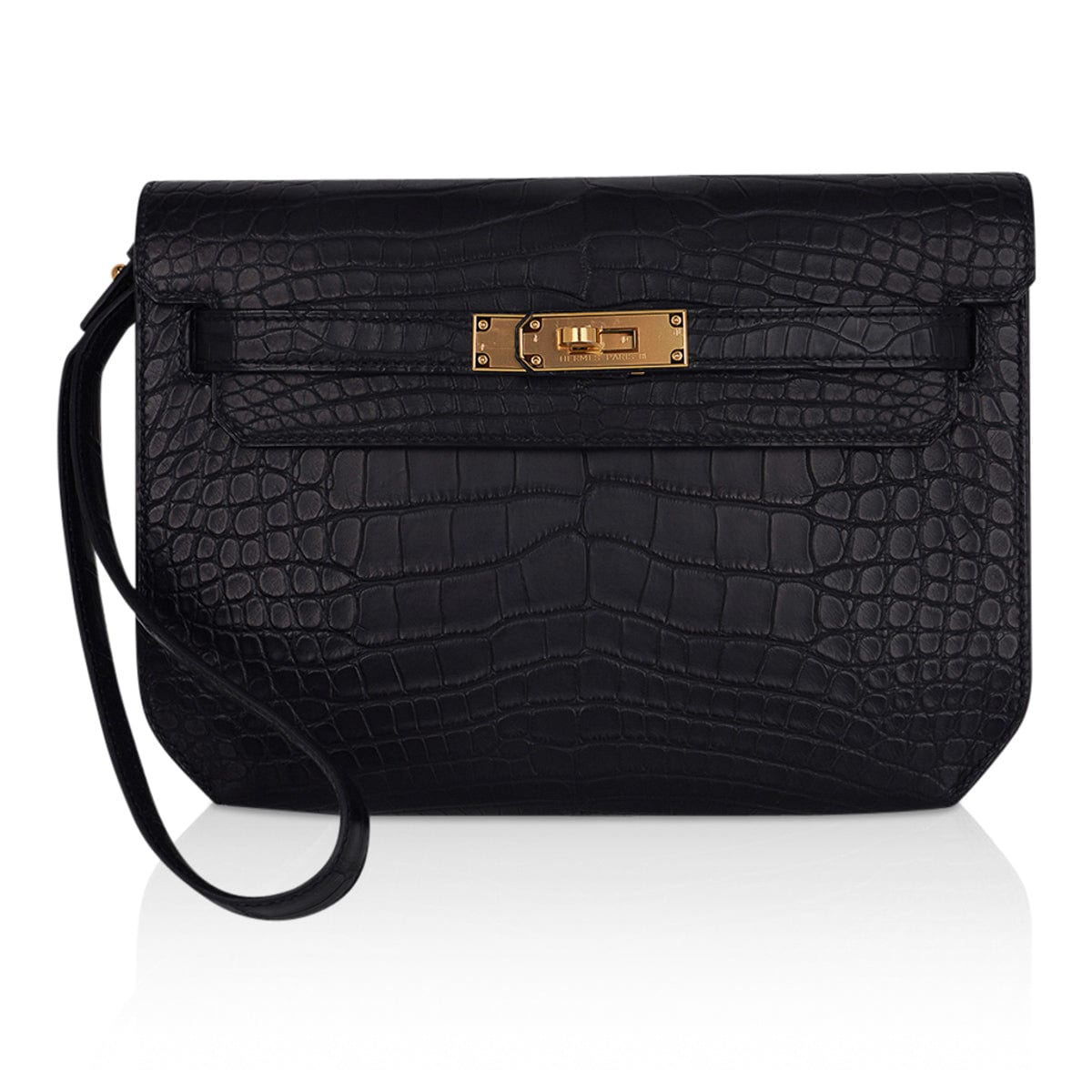 Hermes Kelly Depeches 25 Pouch Black Matte Alligator Gold Hardware