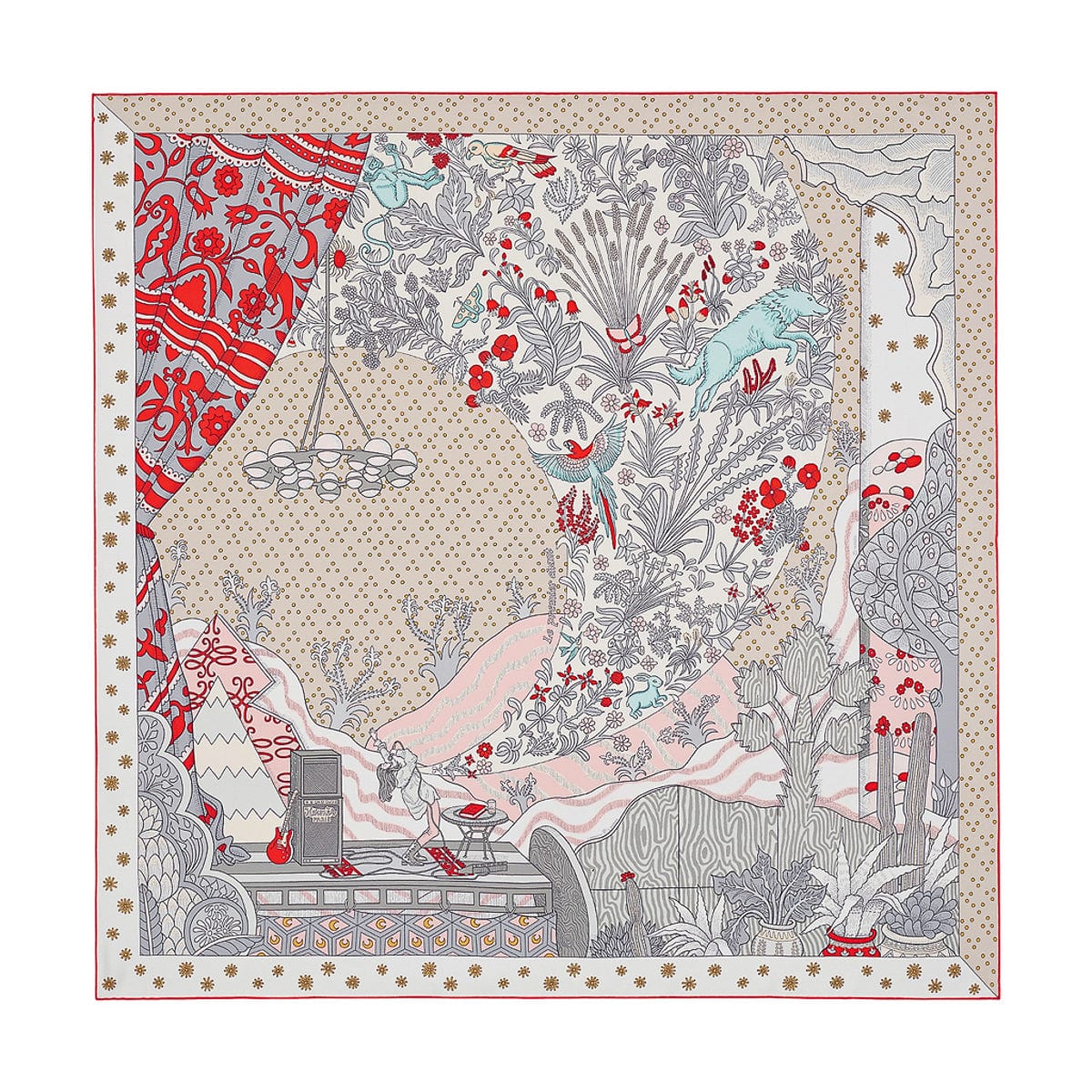 Hermes Silk Scarf 90 Le Premier Chant Grenadine Blanc and Gris | Mightychic