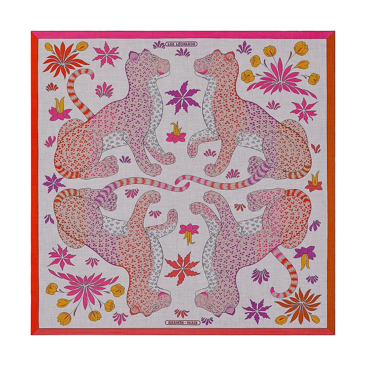 Hermes Les Leopards Gris Chine / Rose / Orange Shawl Cashmere Silk