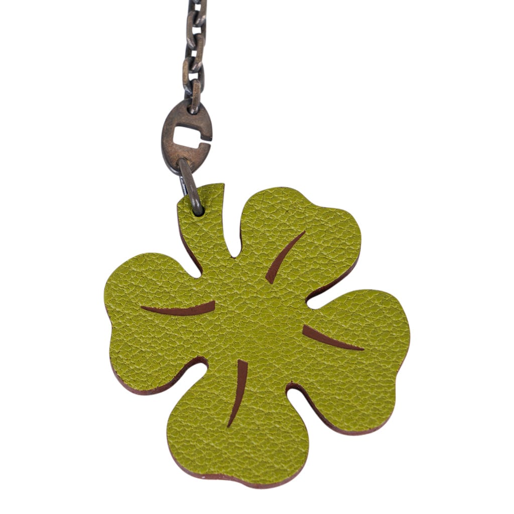 Hermes Lucky Clover Charm Key Chain Vert Anis and Orange Chevre