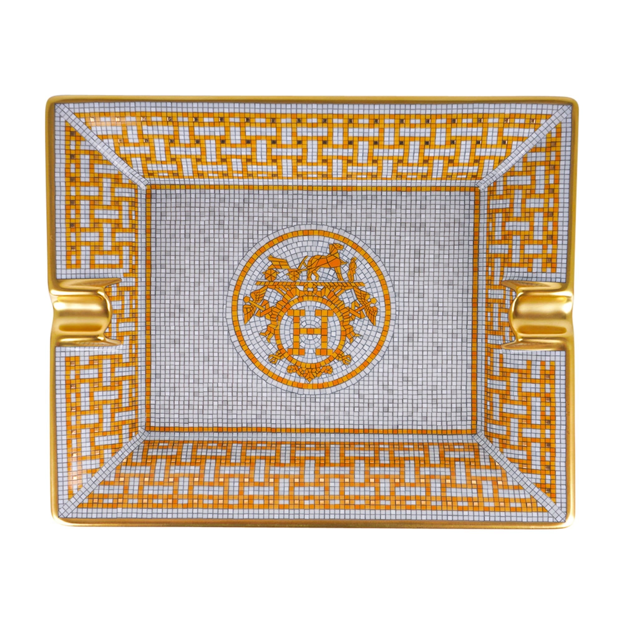 Hermes Mosaique Au 24 Gold Ashtray Limoges Porcelain Tray