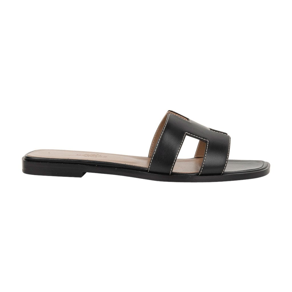 Hermes Shoes Flat Oran Sandal Black Calfskin White Top Stitch 37