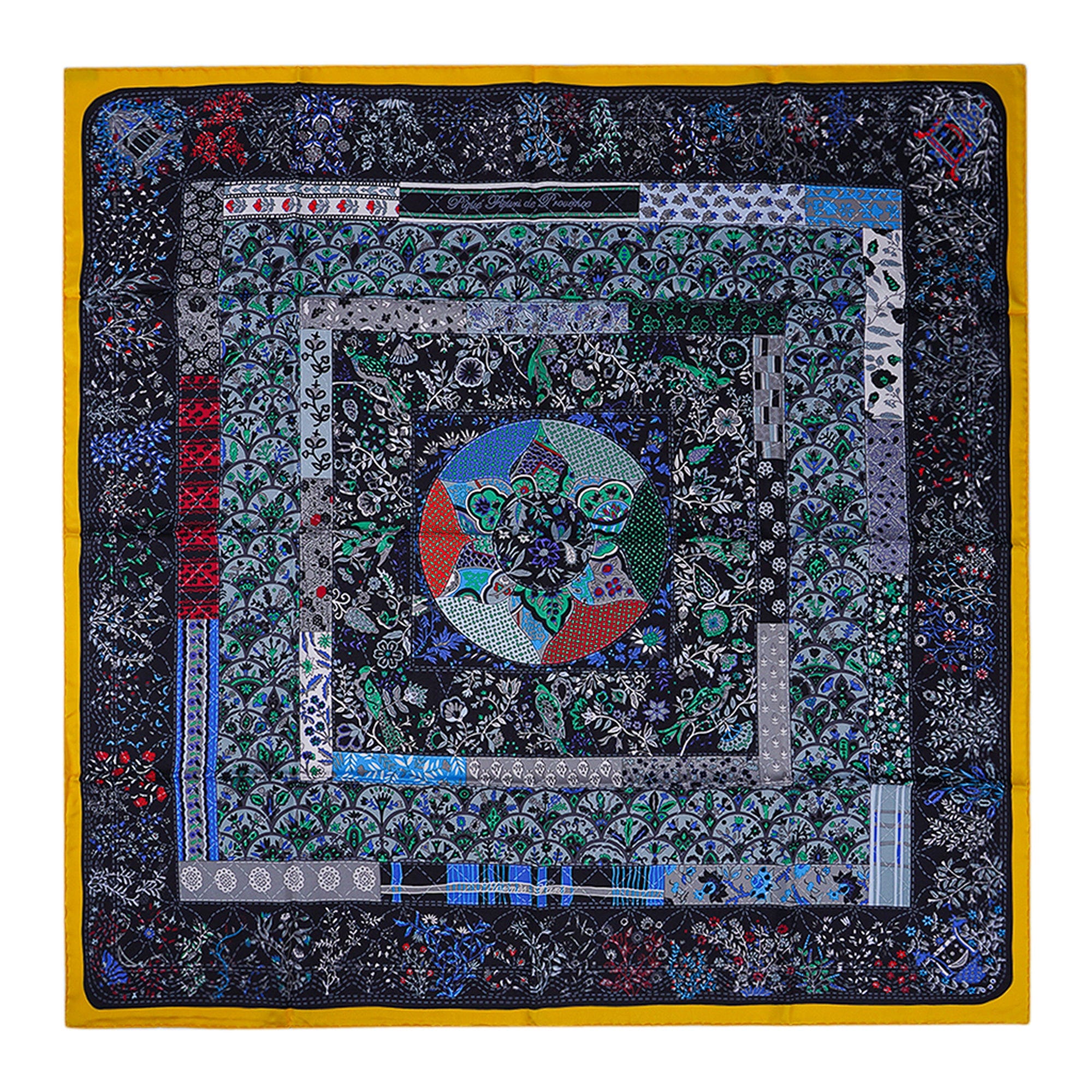 Hermes Pique Fleuri de Provence Scarf Black / Yellow / Blue Silk