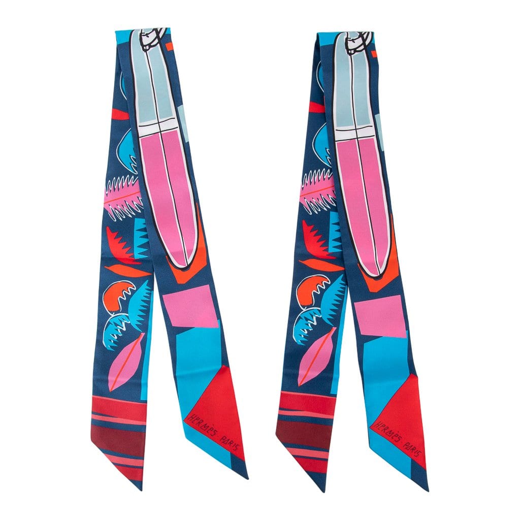 Hermes Twilly Sea Surf and Fun Marine / Rose / Rouge Set of 2 New