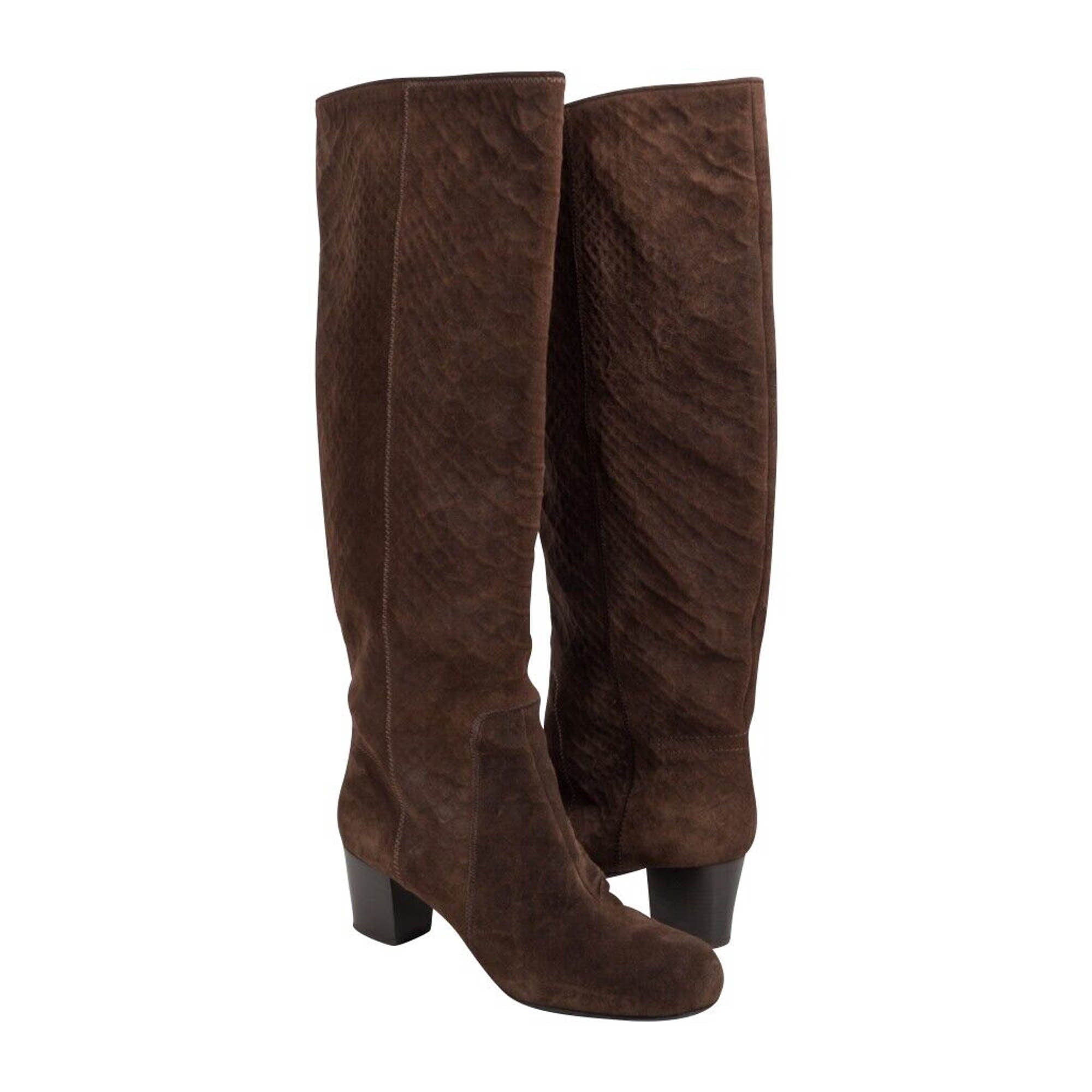 Lanvin Brown Suede Boots – Snake Imprint Knee-High